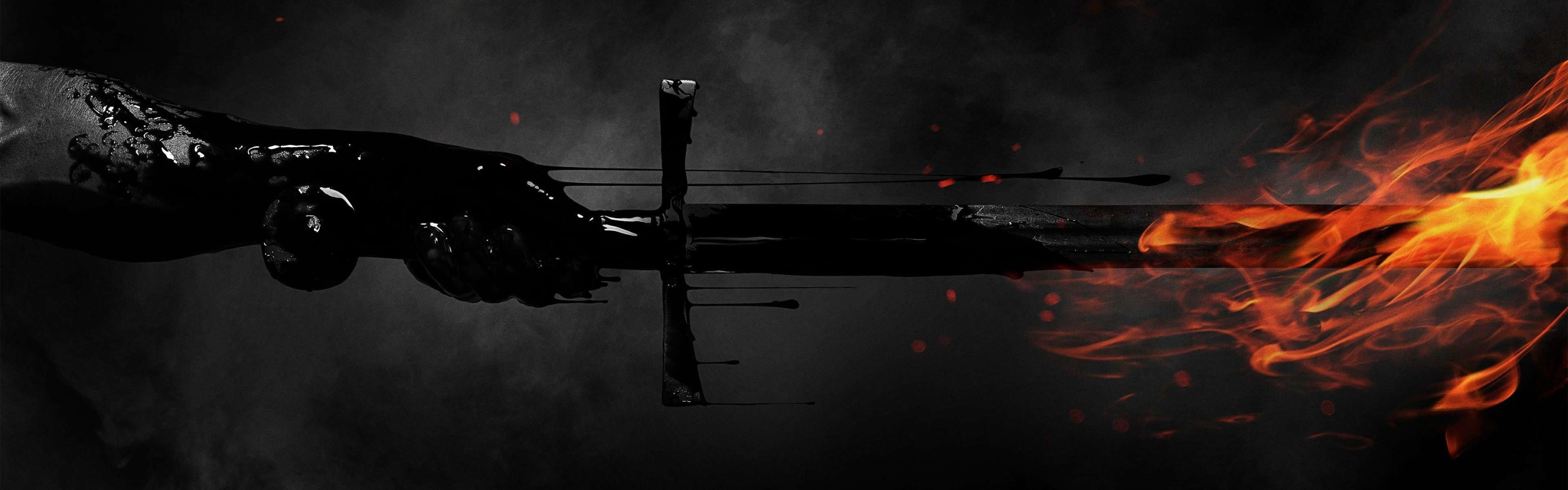 Скачать обои cinema, dark, fire, flame, sword, blood, immortal, fog, раздел  фильмы в разрешении 3360x1050