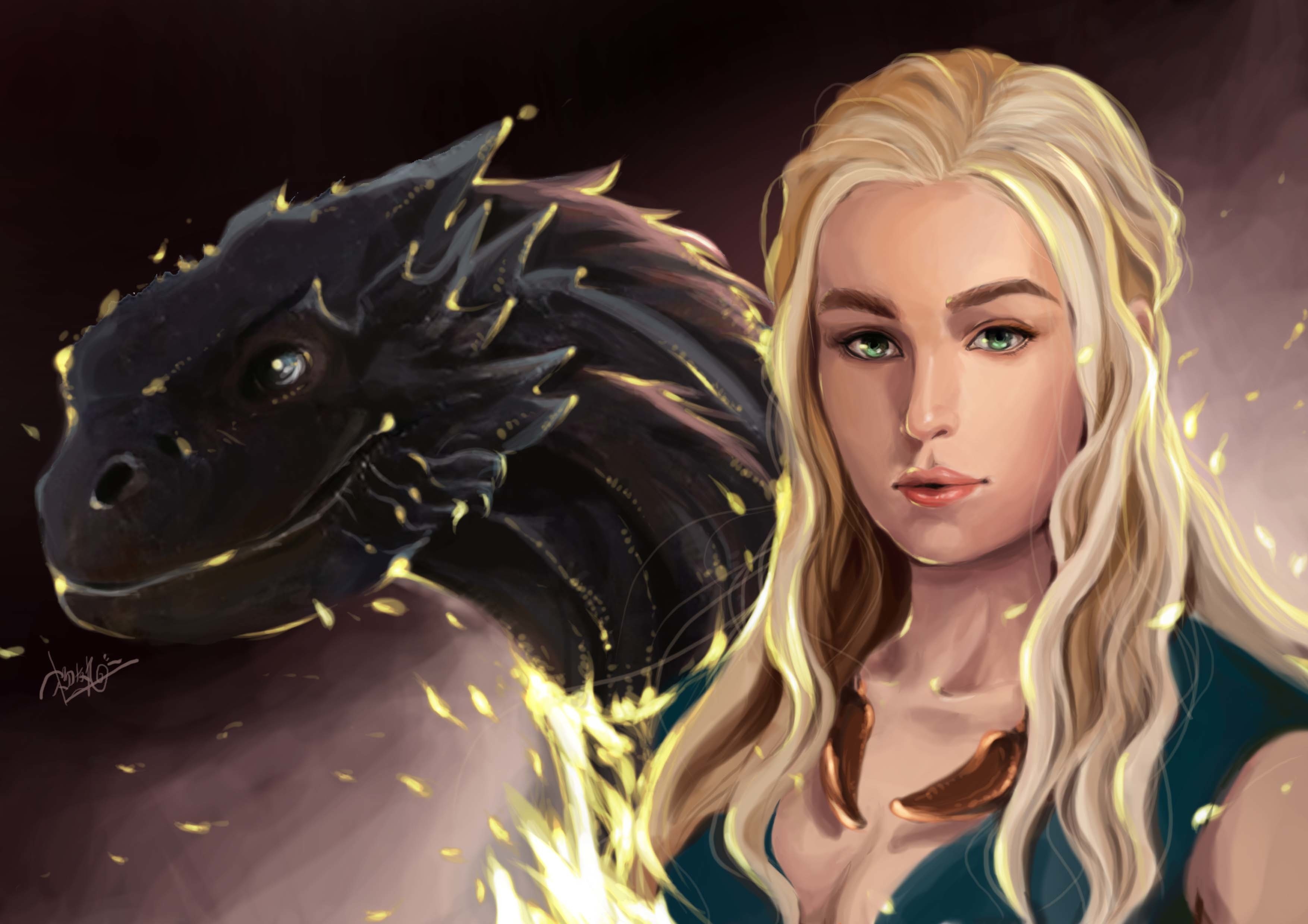 Обои взгляд, лицо, волосы, дракон, арт, зеленые глаза, Игра престолов,  Daenerys Targaryen на телефон и рабочий стол, раздел живопись, разрешение  3508x2480 - скачать