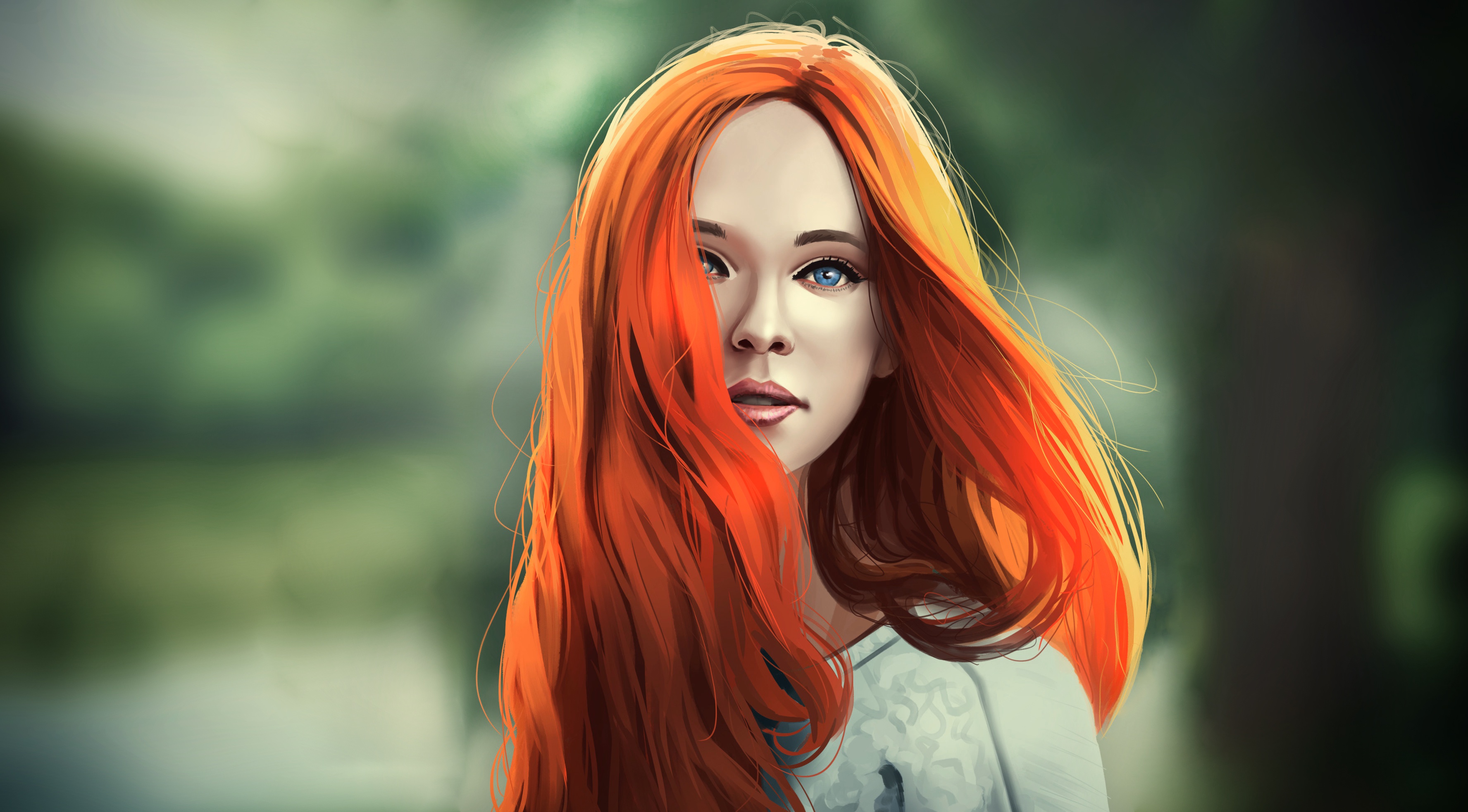 Обои Девушка, Рисунок, Art, Рыжая, Ginger, Голубоглазая, by Andy Gruning,  Andy Gruning на телефон и рабочий стол, раздел арт, разрешение 3552x1966 -  скачать