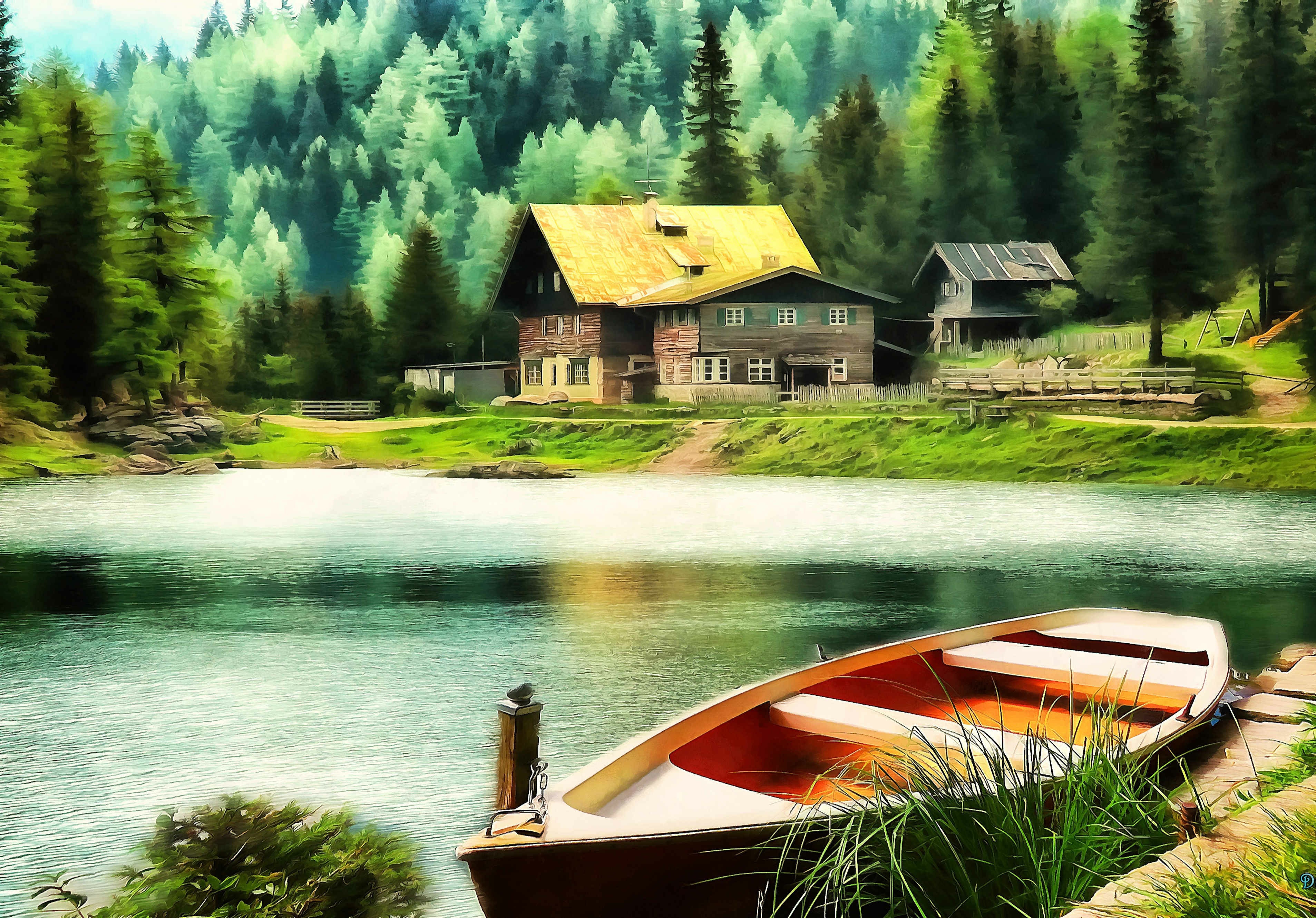 Луга река дом. Домик у озера. Пейзаж с домиком. Пейзаж с лодкой. Пейзаж домик у озера.