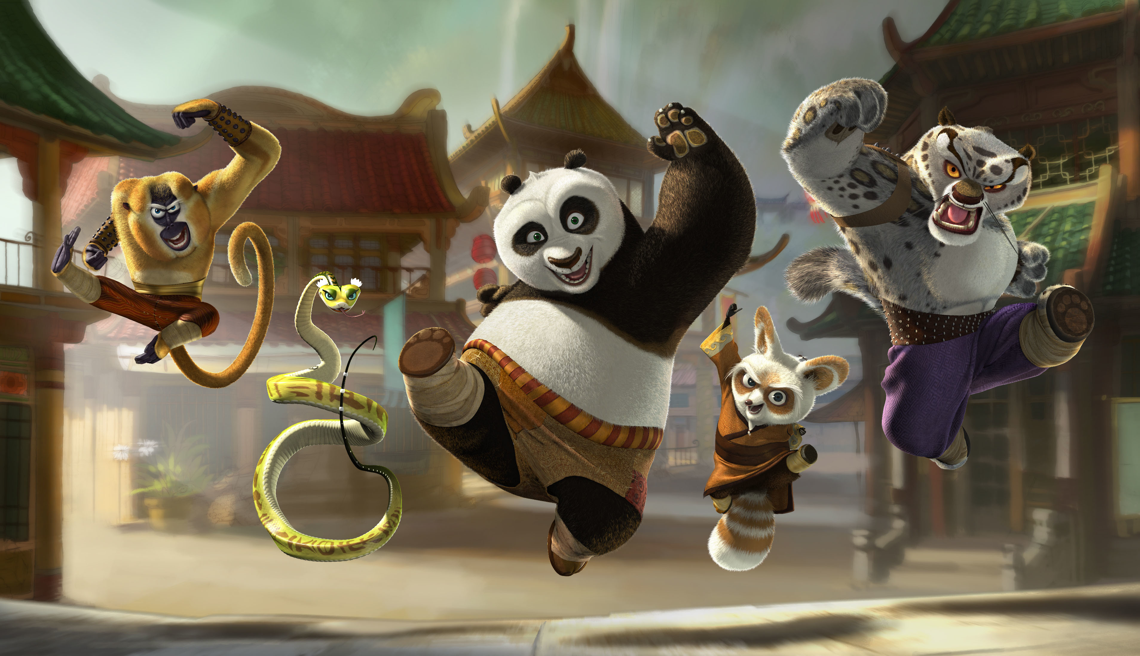 Обои Обезьяна, Мультфильм, Kung Fu Panda, Кунг-фу панда, Гадюка, Monkey,  Мастер Угвэй, Тай Лунг на телефон и рабочий стол, раздел фильмы, разрешение  3815x2198 - скачать