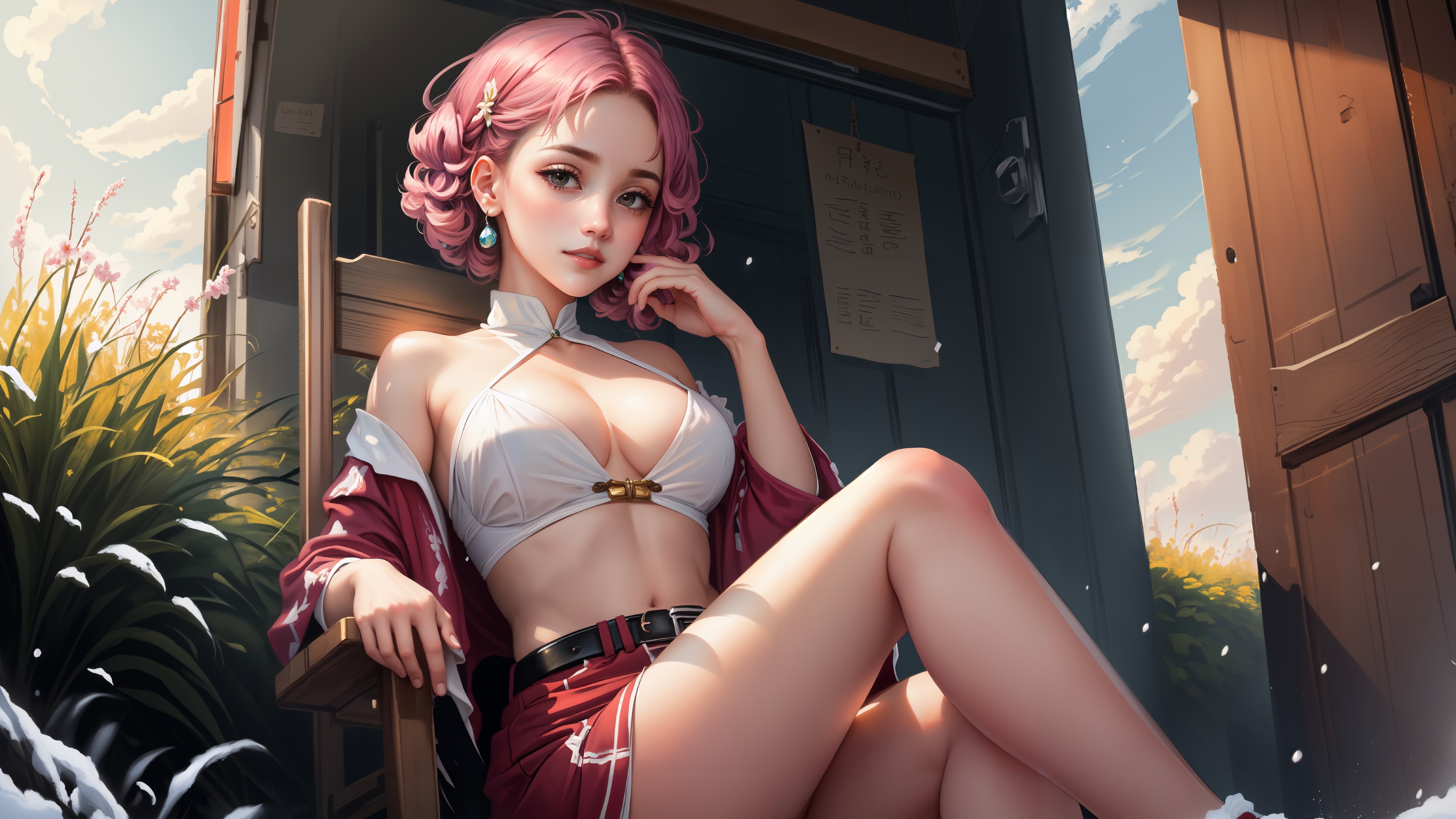 Скачать обои Asian, pink hair, legs, short hair, women, big boobs, belly,  sitting, раздел ии арт в разрешении 3840x2160