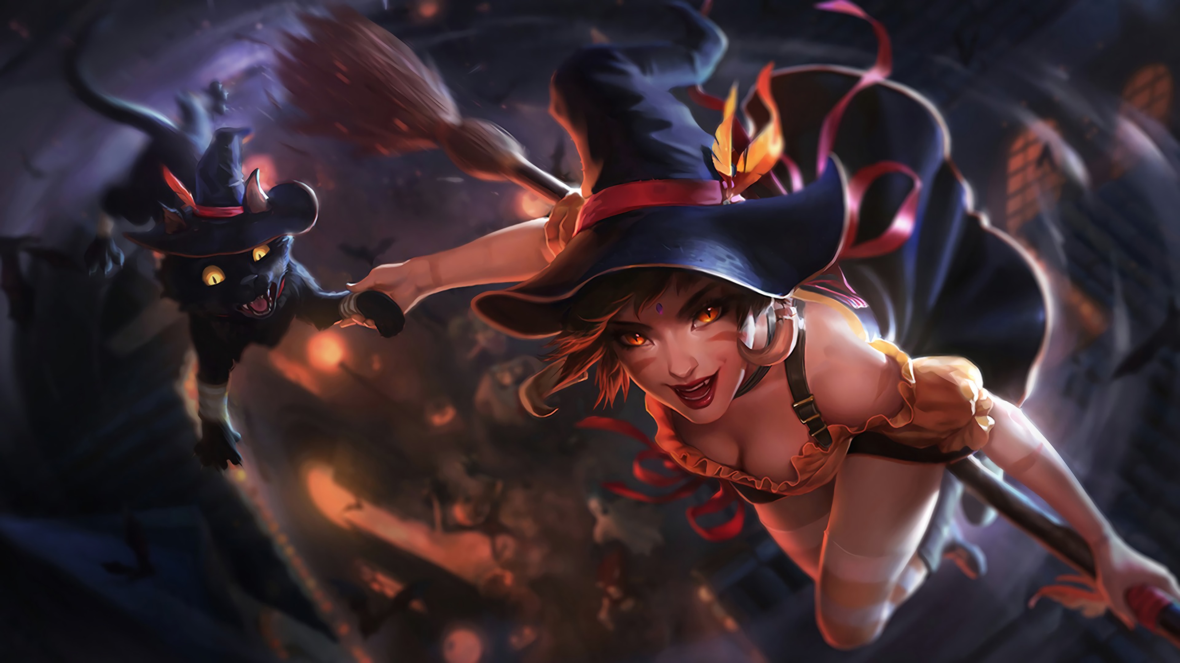 Скачать обои полет, ночь, Halloween, ведьма, метла, хэллоуин, черный кот,  League of Legends, раздел игры в разрешении 3840x2160