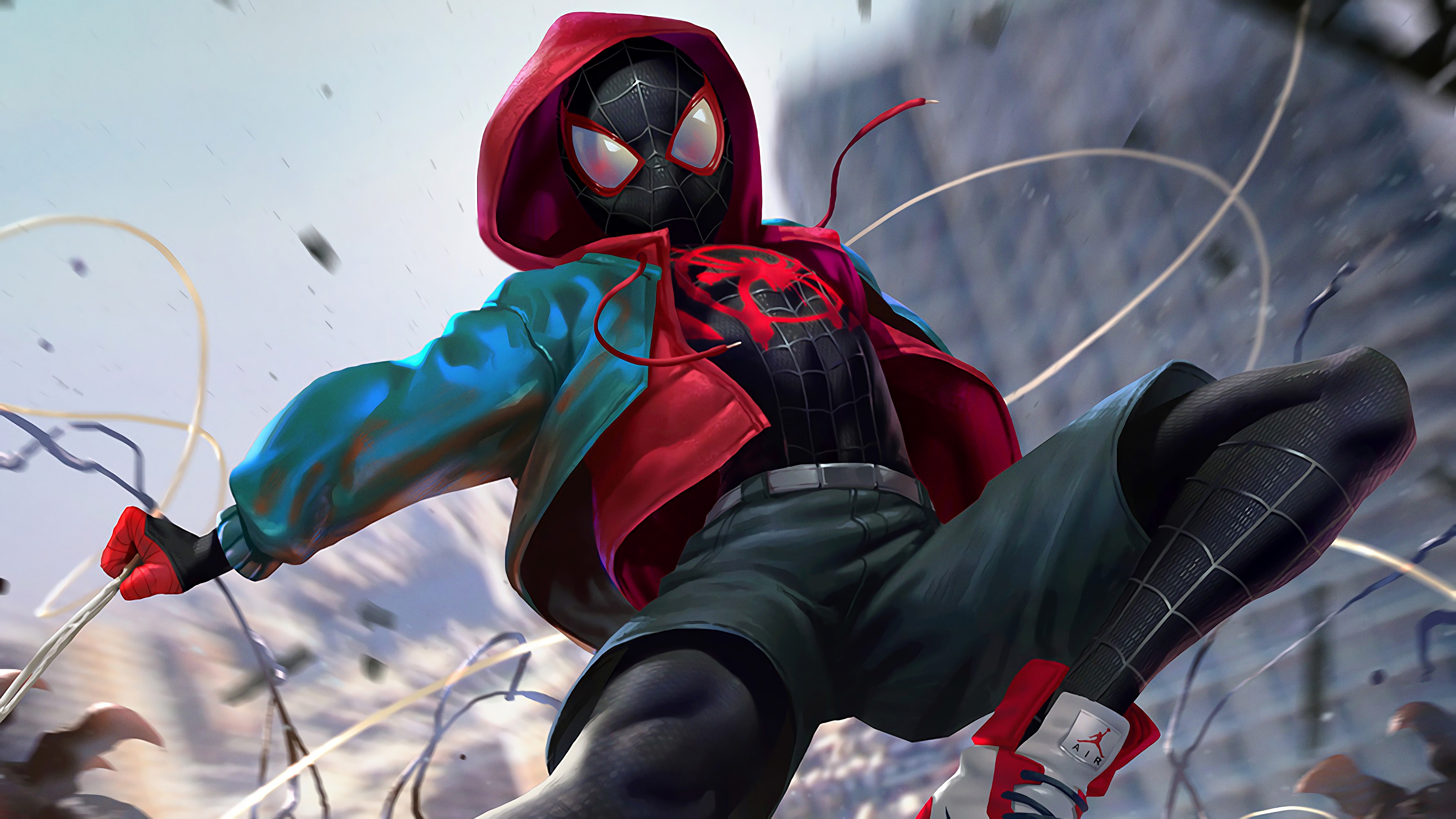 Скачать обои костюм, AIR, человек паук, spider man, подросток, Miles Morales,  Майлз Моралес, into the spider verse, раздел фантастика в разрешении  3840x2160