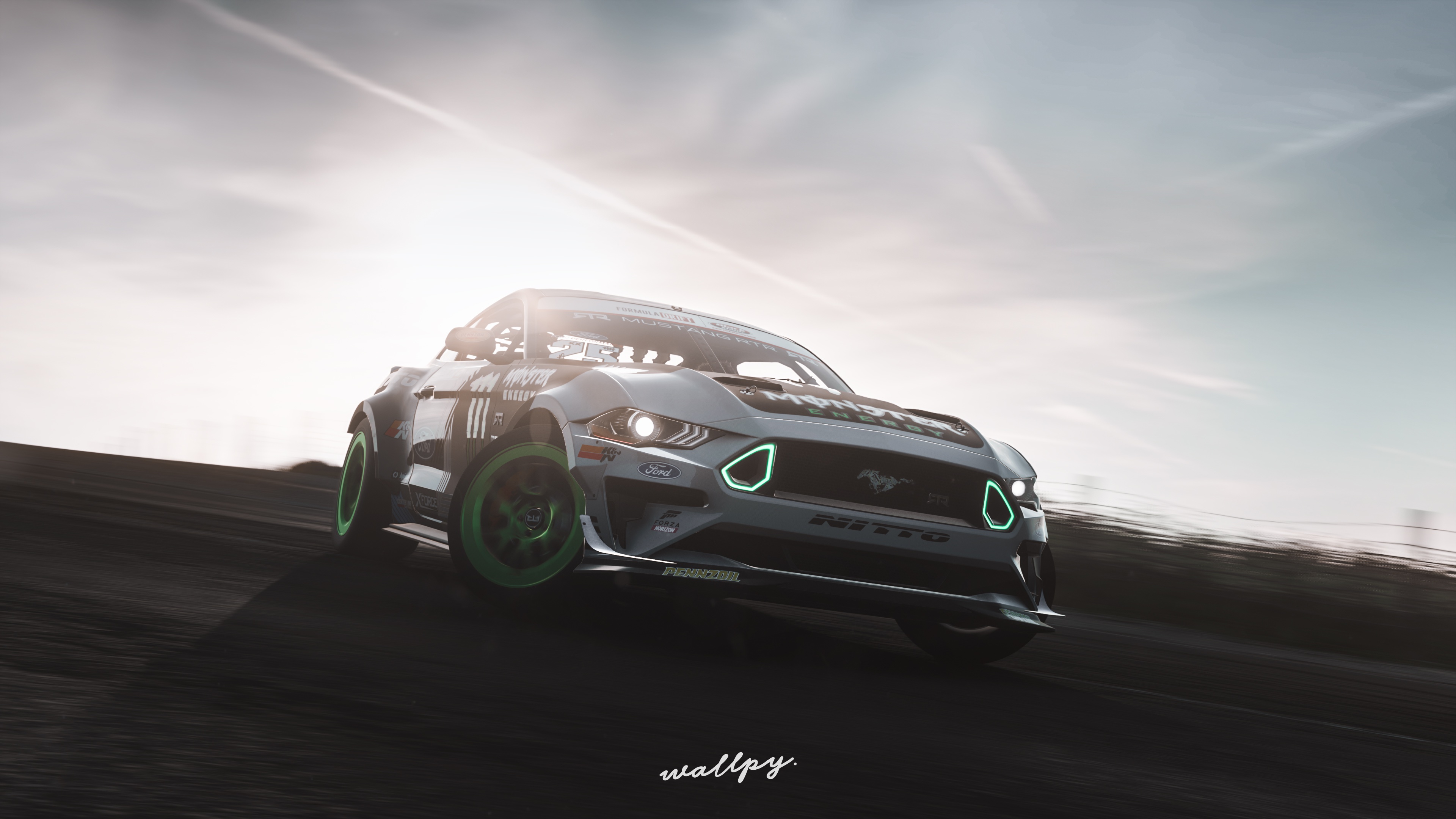 Скачать обои Mustang, Ford, Microsoft, RTR, Monster Energy, game art, 2019,  Forza Horizon 4, раздел игры в разрешении 3840x2160