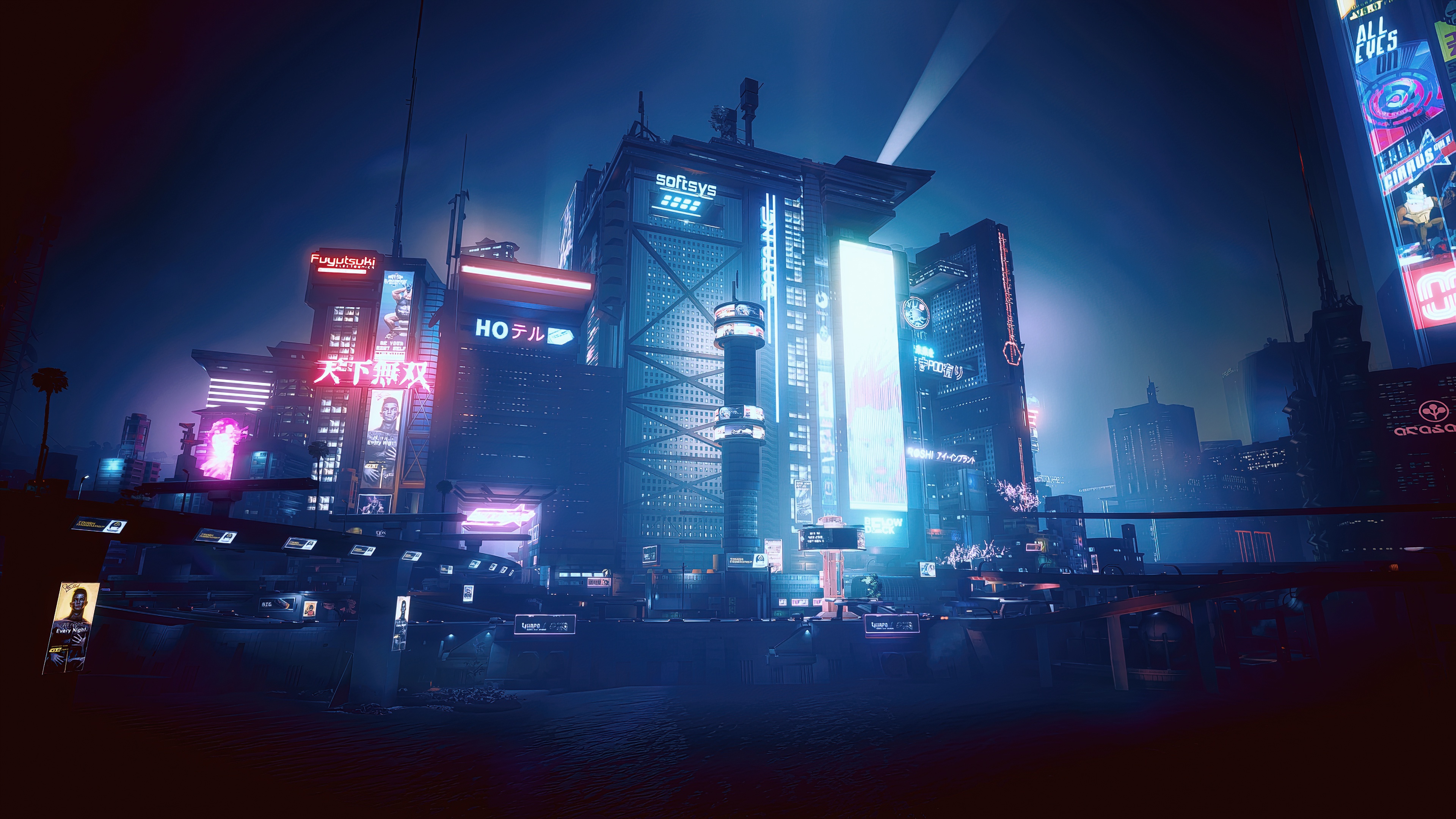 Обои landscape, blue, cyberpunk, cyan, night city, Cyberpunk 2077, city  night на телефон и рабочий стол, раздел игры, разрешение 3840x2160 - скачать