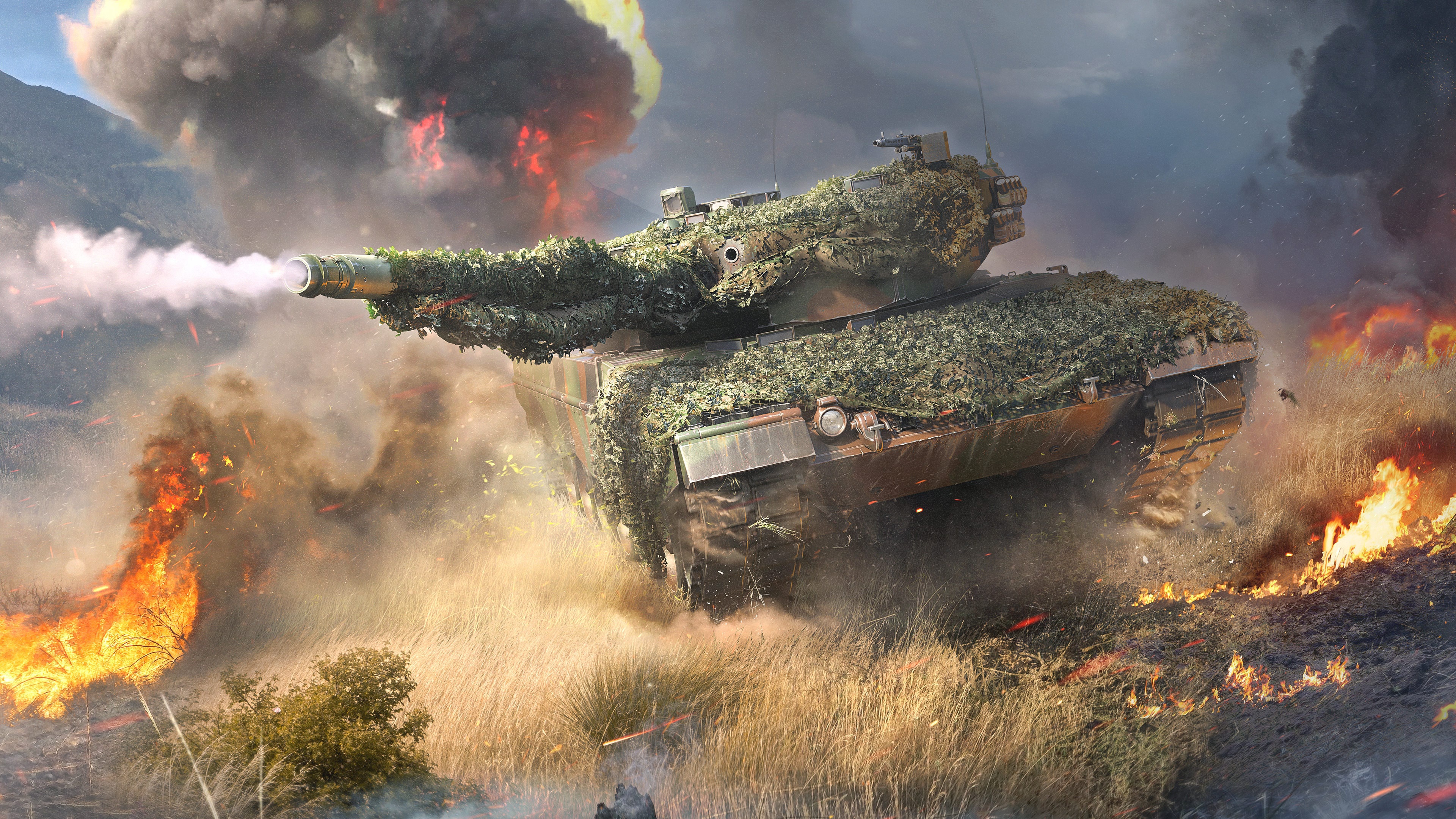 Скачать обои Игра, Дым, Германия, Огонь, Танк, Game, Leopard 2A4, War  Thunder, раздел игры в разрешении 3840x2160