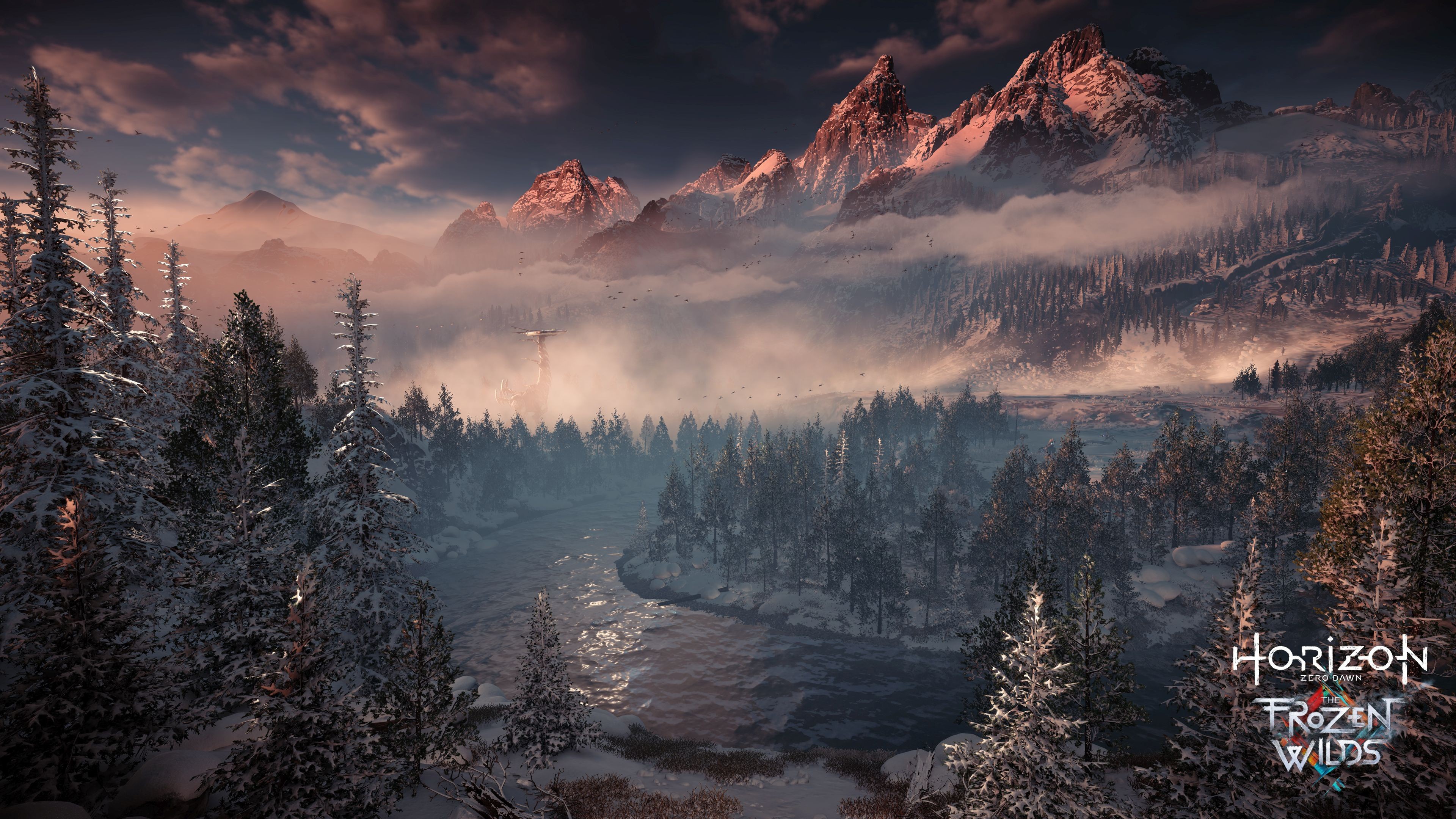 Обои game, river, snow, tree, montain, Horizon Zero Dawn, Horizon Zero Dawn The  Frozen Wilds на телефон и рабочий стол, раздел игры, разрешение 3840x2160 -  скачать