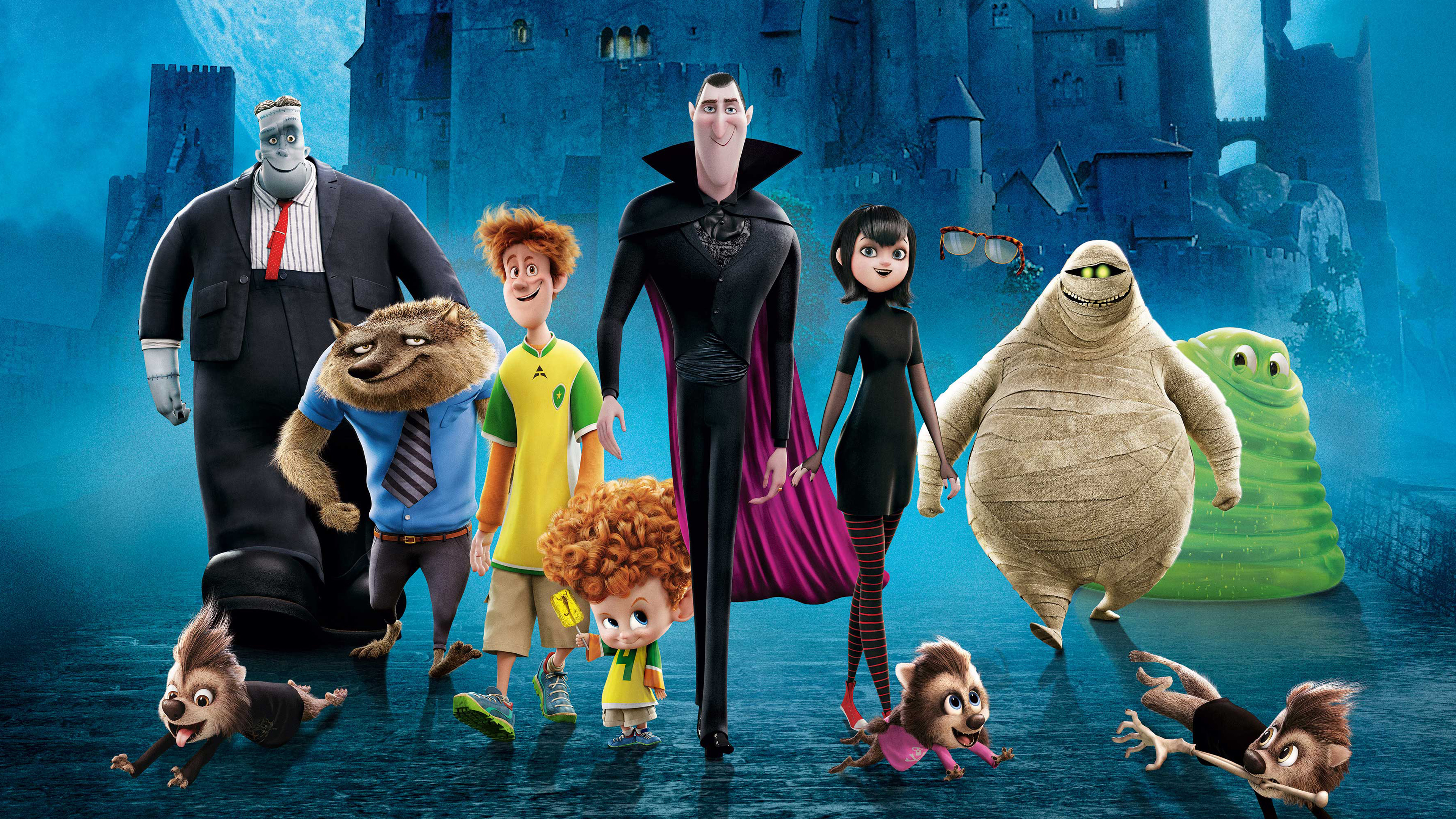 Обои ночь, мост, замок, мультфильм, персонажи, Hotel Transylvania 2, Монстры  на каникулах 2 на телефон и рабочий стол, раздел фильмы, разрешение  3840x2160 - скачать