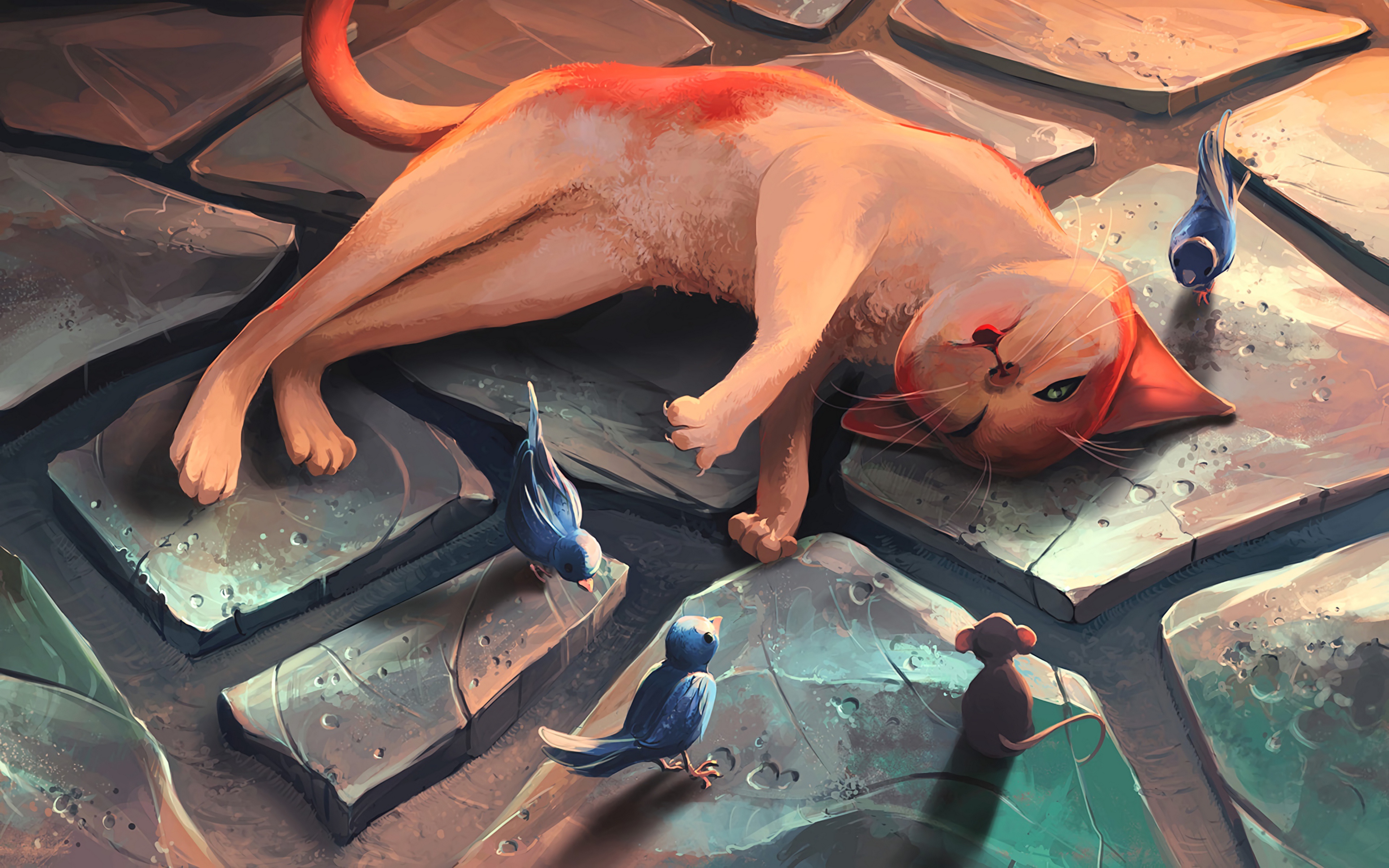 Обои wallpaper, bird, cat, art, painting, funny, digital art, mouse на  телефон и рабочий стол, раздел арт, разрешение 3840x2400 - скачать