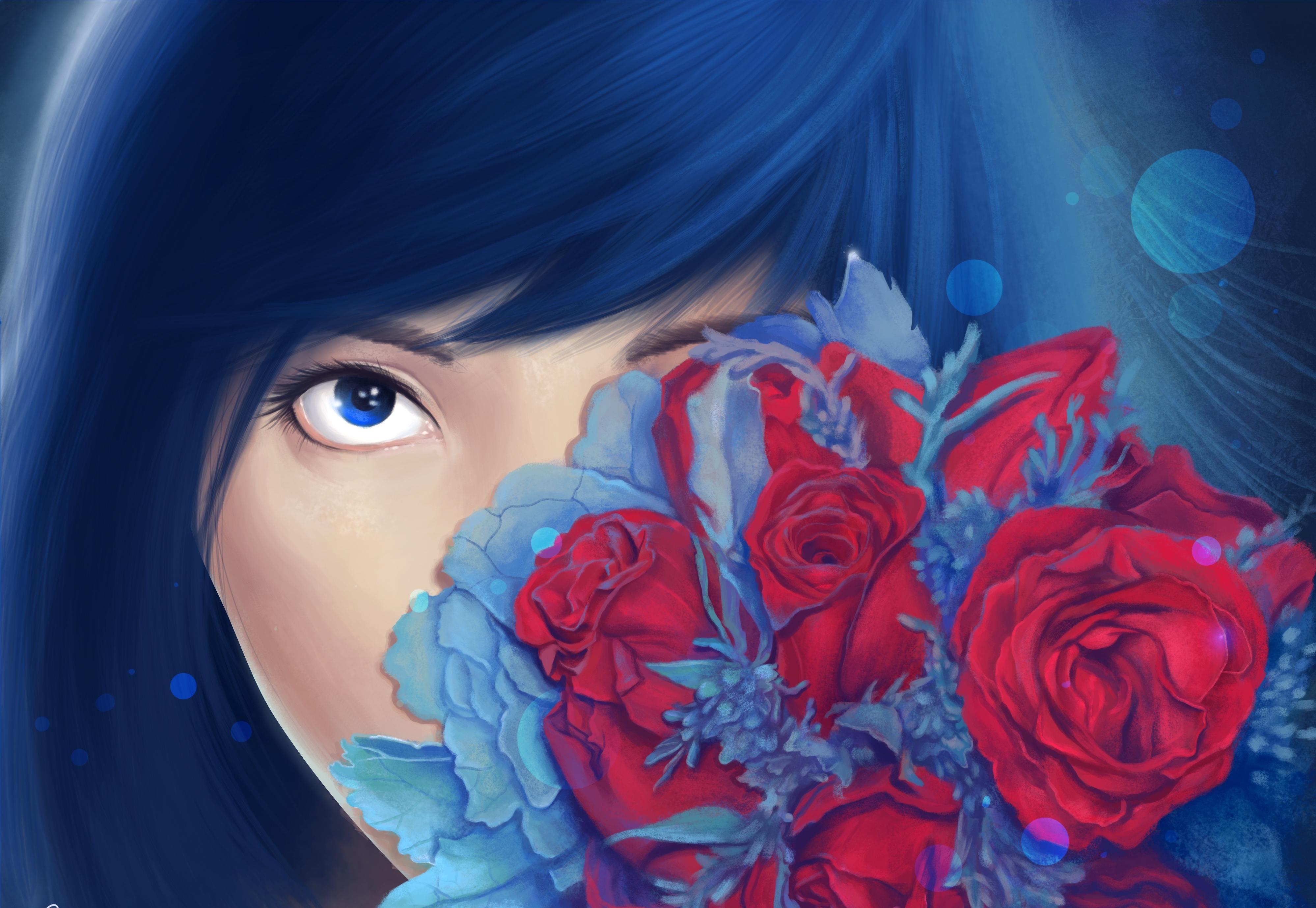 Что означают синие аватарки. Девушка цветок арт. Портрет в синем цвете. Красивые арты. Девушка в цветах арт.