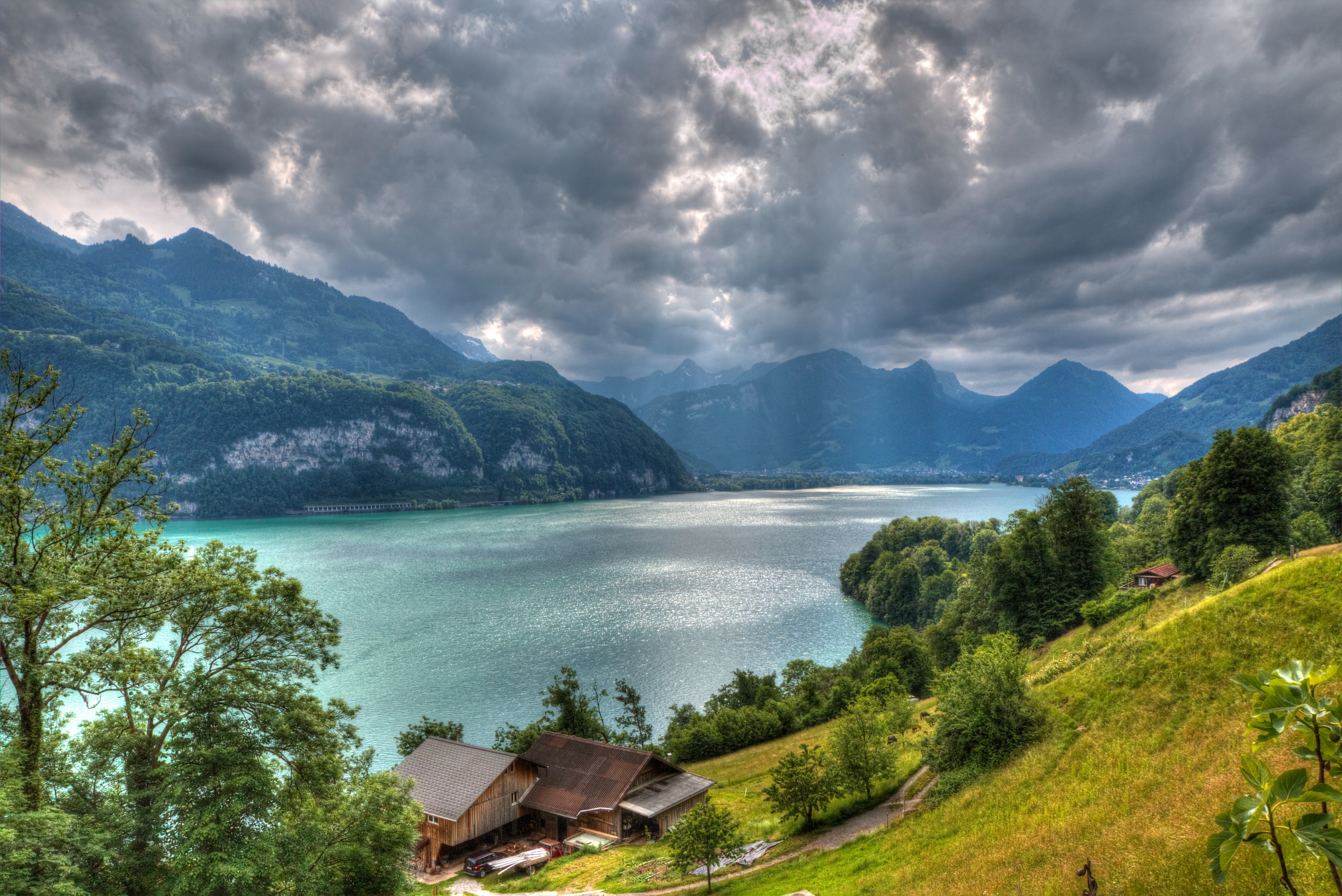 Обои облака, деревья, горы, озеро, дома, Швейцария, Альпы, Switzerland на  телефон и рабочий стол, раздел пейзажи, разрешение 4000x2671 - скачать