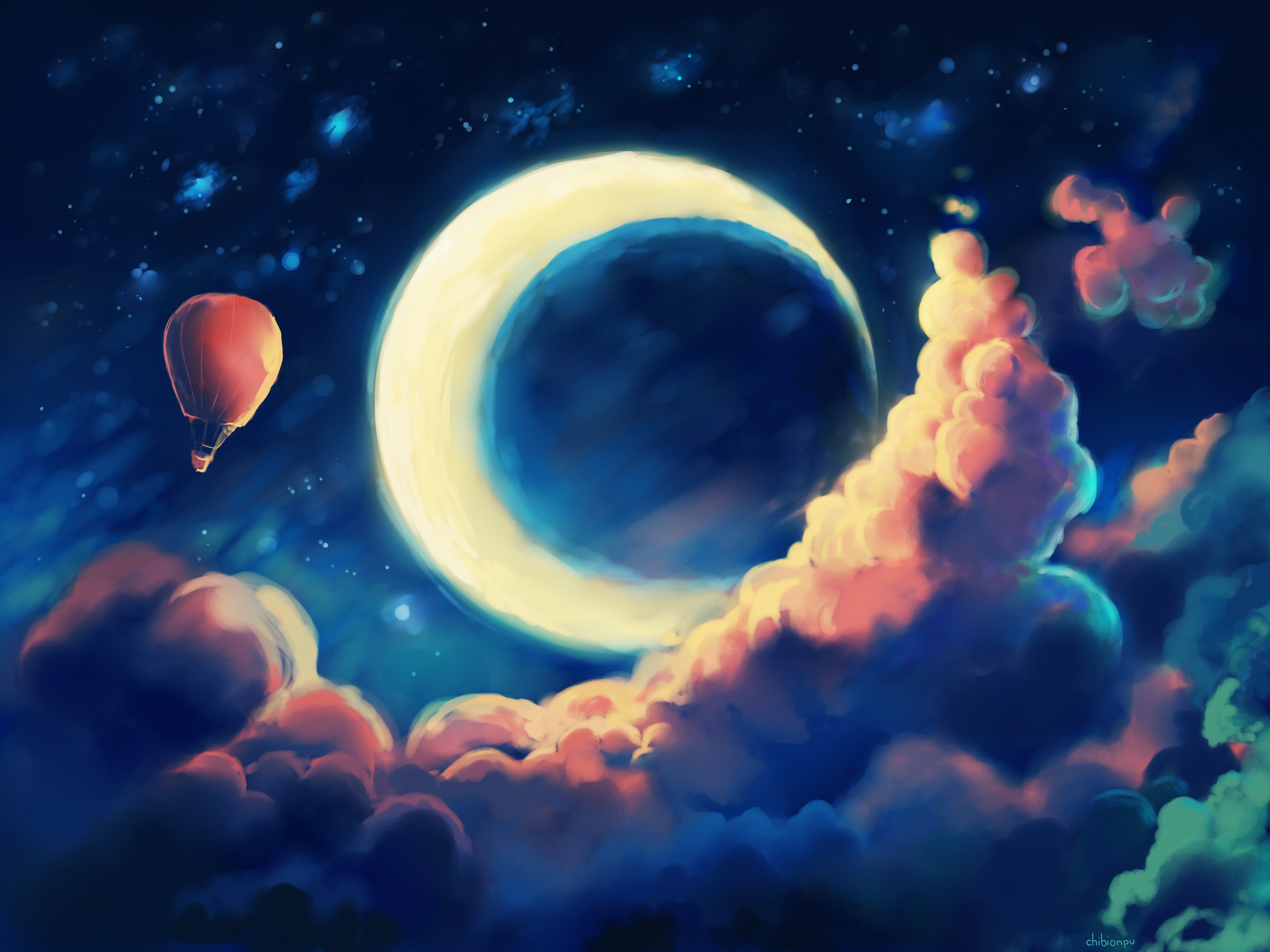 На луну на воздушном шаре. Луна и звезды арт. Сказочное небо. Сказочная Луна. Месяц на небе.
