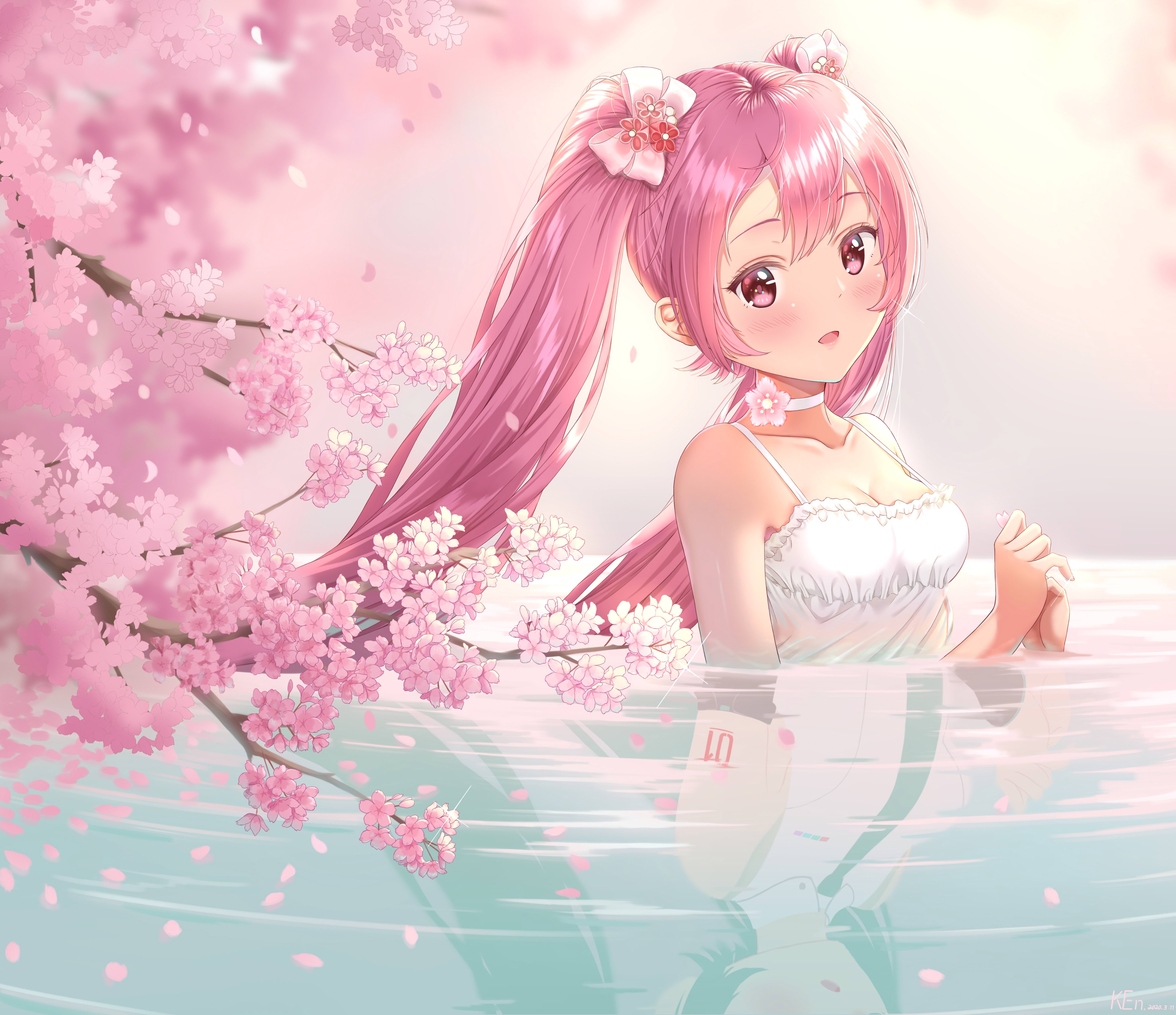 Обои вода, девушка, озеро, весна, сакура, Hatsune Miku, розовые волосы,  Sakura Miku на телефон и рабочий стол, раздел прочее, разрешение 4093x3533  - скачать