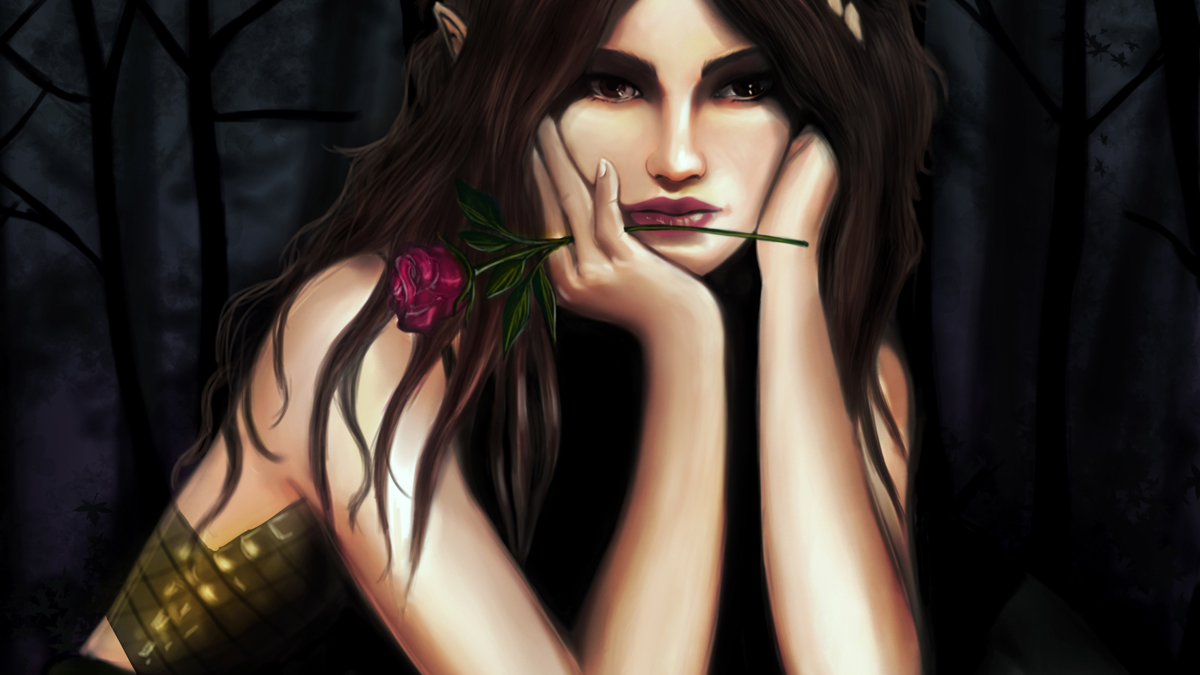 девушка, деревья, розы, руки, арт, эльфийка, щит