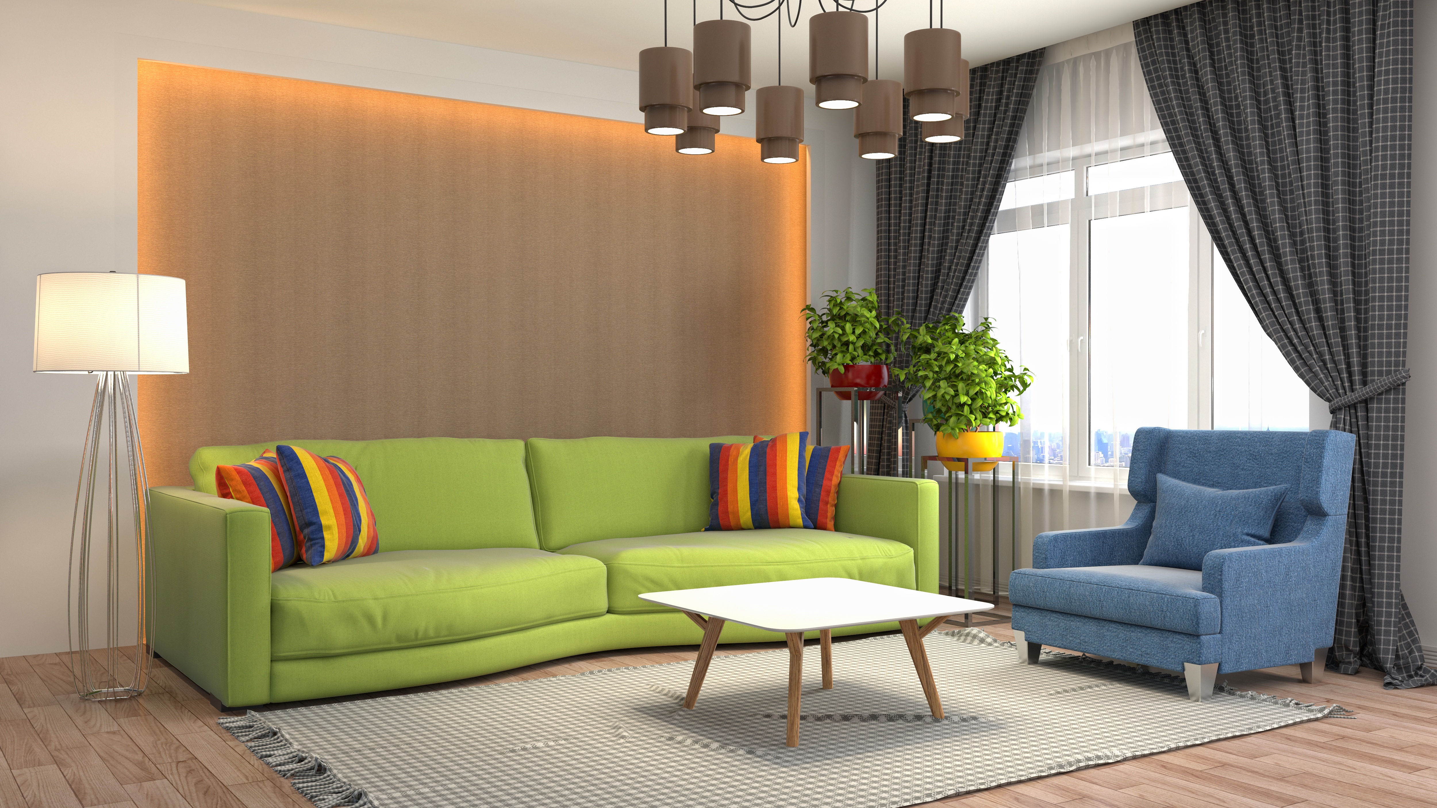 разноцветные диваны в интерьере гостиной