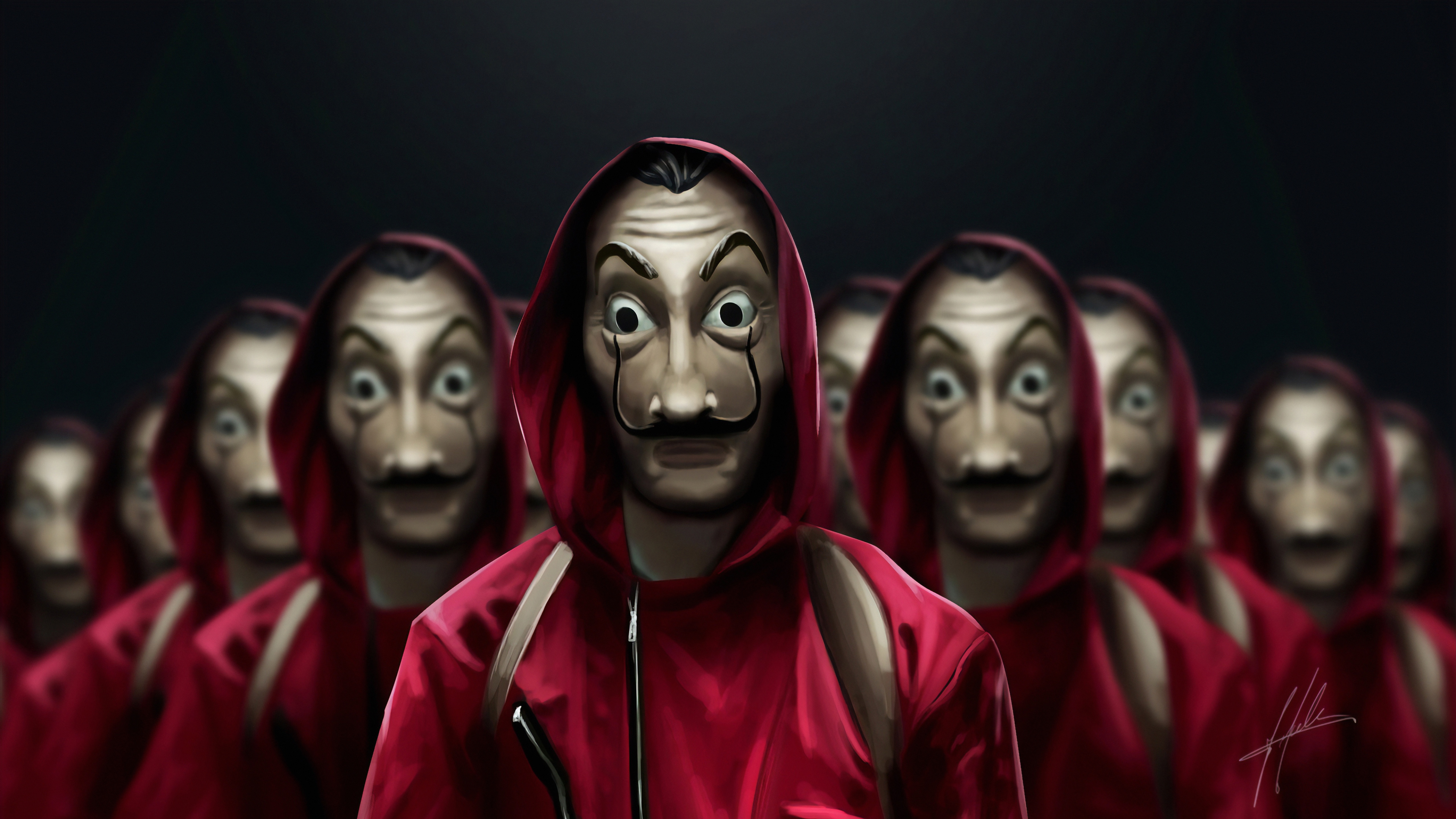 Обои люди, маска, сериал, маски, TV series, La Casa de Papel, Бумажный дом,  Money Heist на телефон и рабочий стол, раздел фильмы, разрешение 5120x2880  - скачать