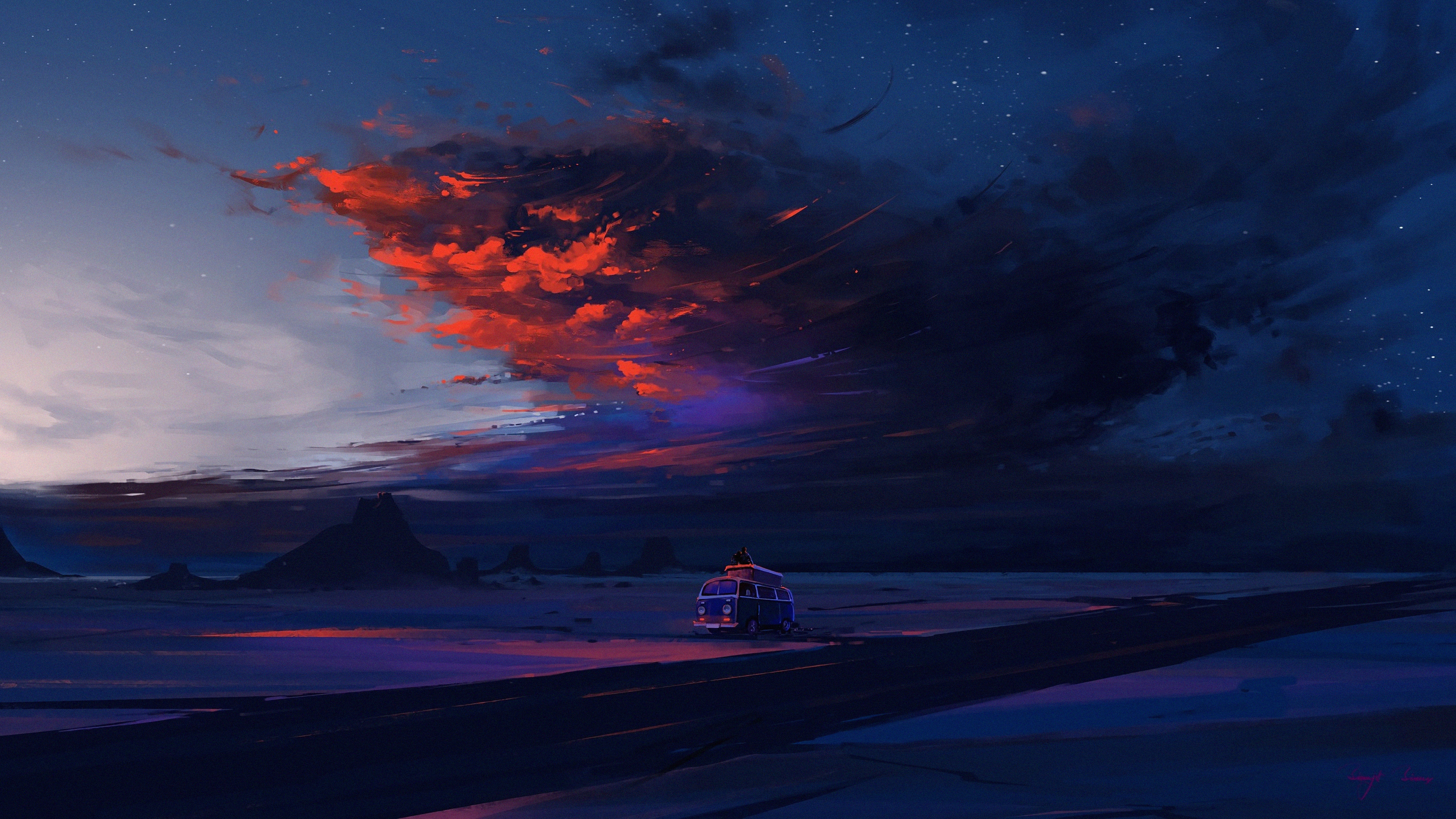 The midnight sky. Закат арт. Ночной пейзаж. Ночное небо арт.