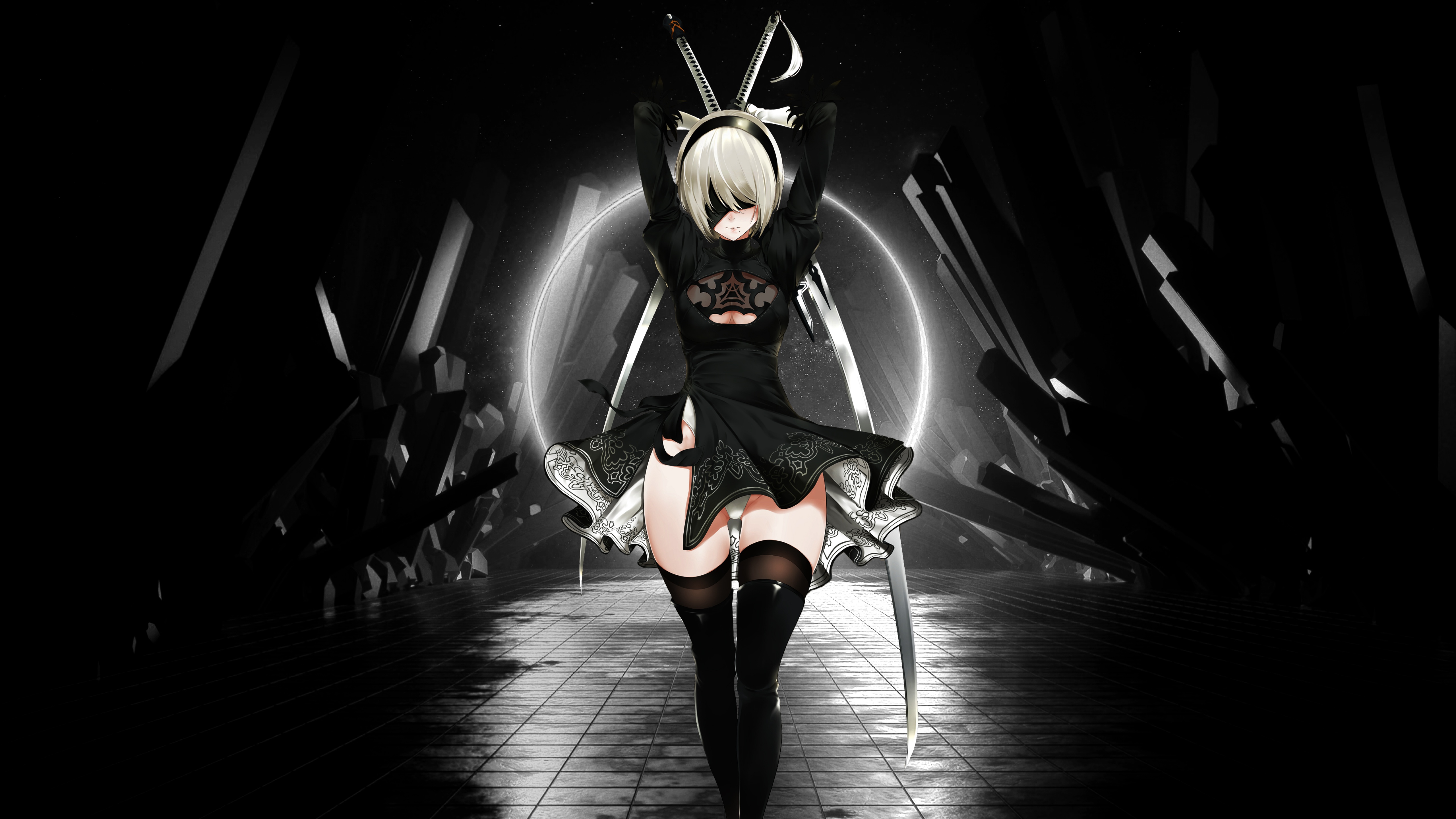 Скачать обои black & white, girl, game, anime, nier, nier: automata, nier  automata, раздел игры в разрешении 5120x2880