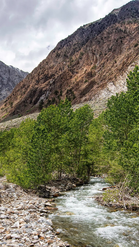небо, облака, деревья, горы, ручей, камни, скалы, долина