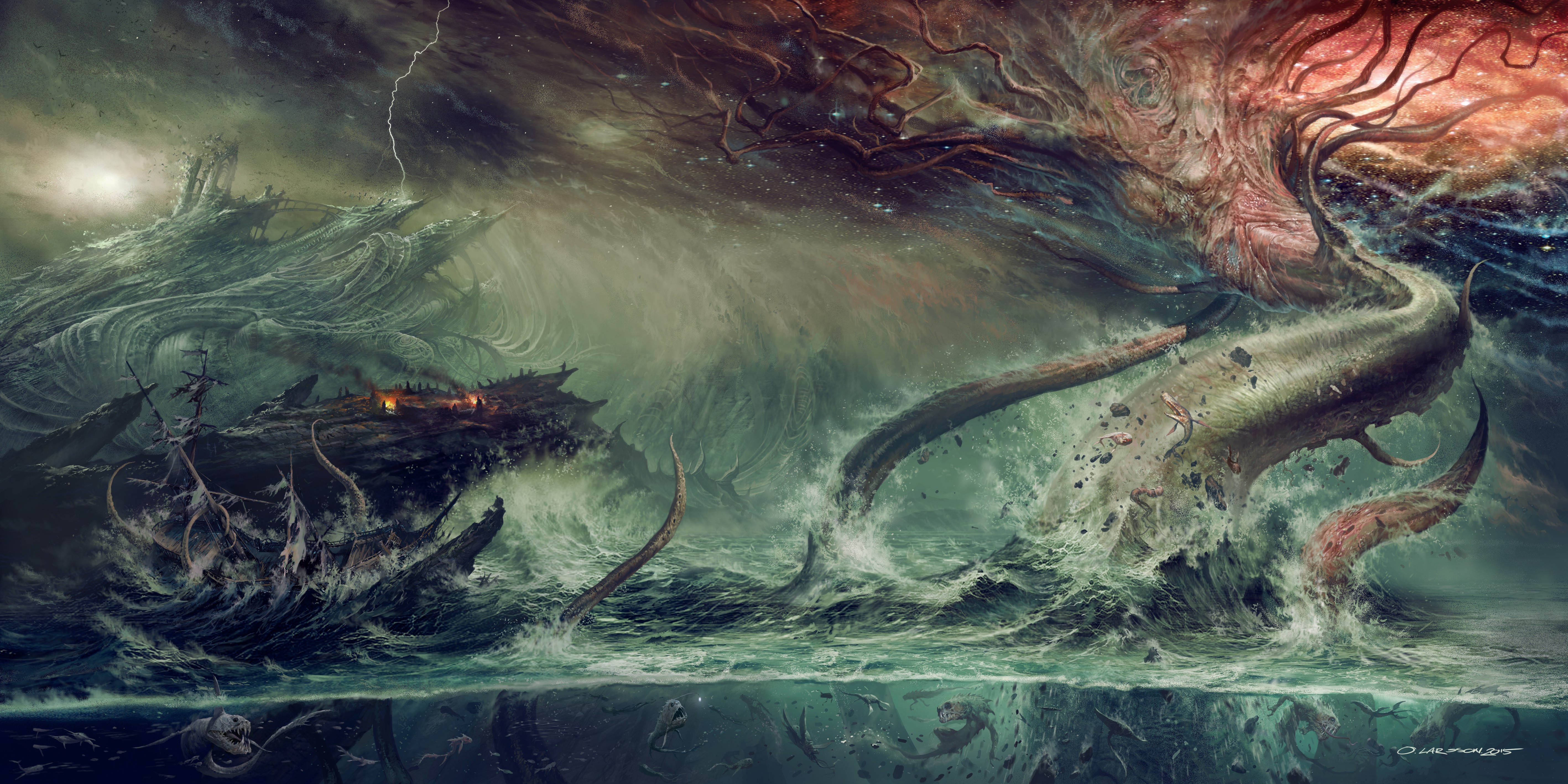 Обои fantasy, ocean, water, tree, destruction, Kraken, mythological monster  на телефон и рабочий стол, раздел фантастика, разрешение 5670x2835 - скачать