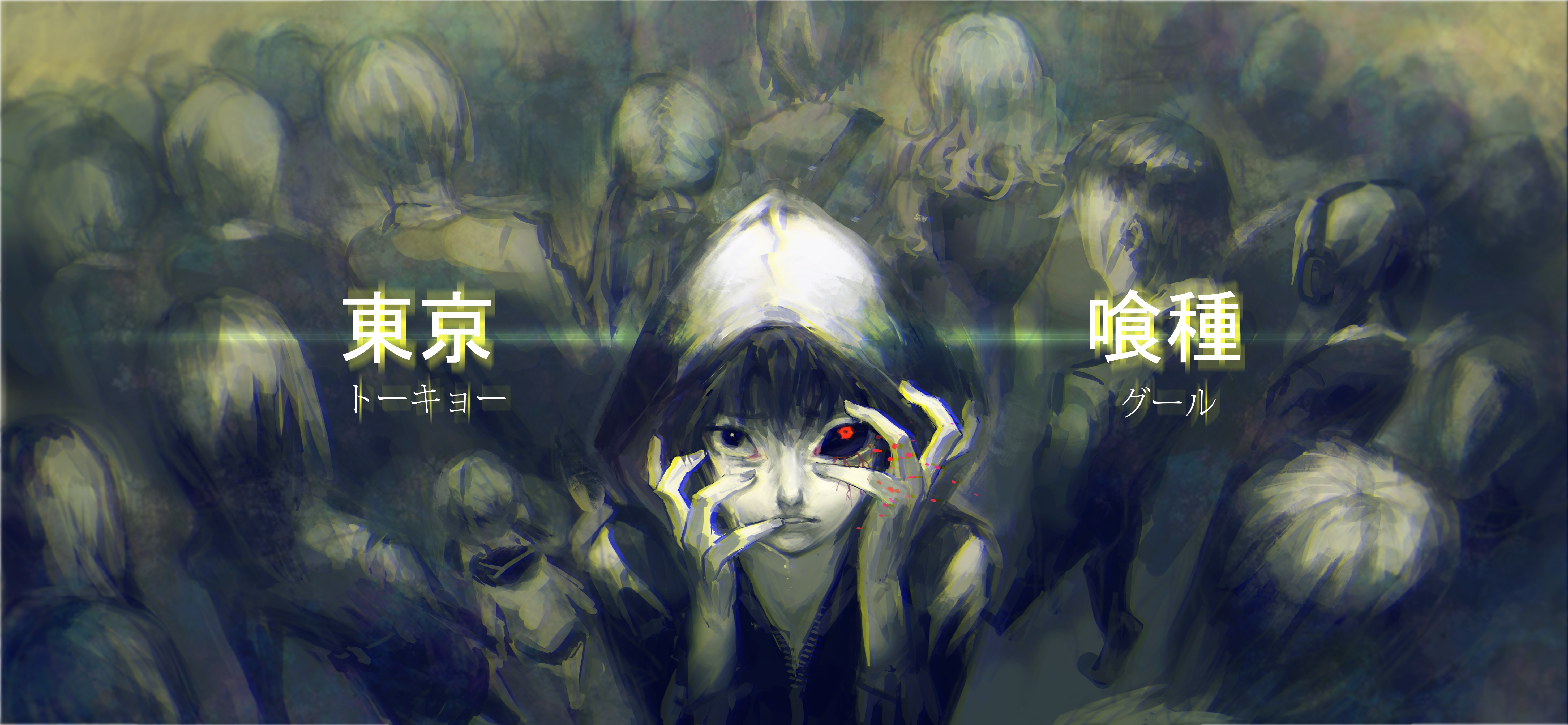 Скачать обои люди, аниме, арт, капюшон, иероглифы, парень, Tokyo Ghoul,  kaneki ken, раздел аниме в разрешении 5906x2729