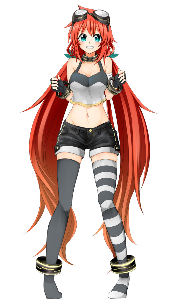 Скачать обои Girl Sexy Cleavage Shorts Blouse Thighhighs Red Hair Long Hair раздел 1270