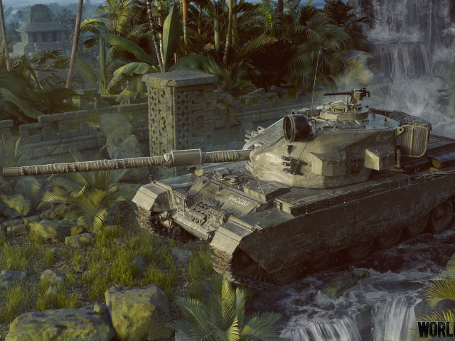 Скачать обои пальмы, водопад, танк, World of Tanks, Centurion Action X ...