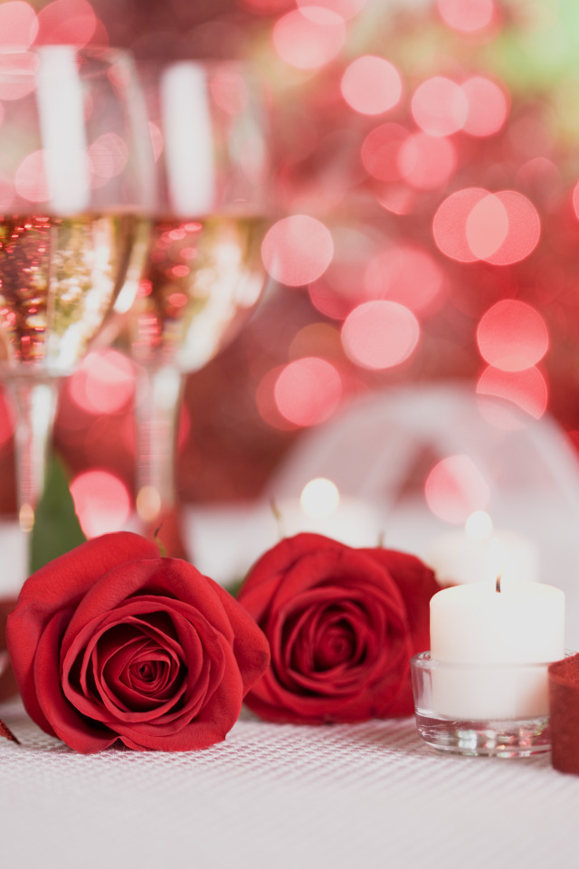 цветы, красный, розы, свечи, шампанское