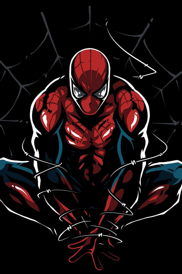 Скачать обои рисунок, паутина, арт, костюм, черный фон, комикс, Человек-паук,  MARVEL, раздел фантастика в разрешении 640x960