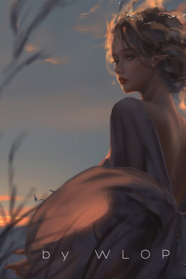Скачать обои girl, fantasy, sunset, blue eyes, birds, elf, digital art ...