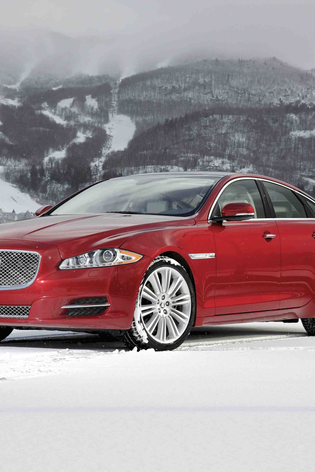 зима, снег, красный, Jaguar, автомобиль, передок