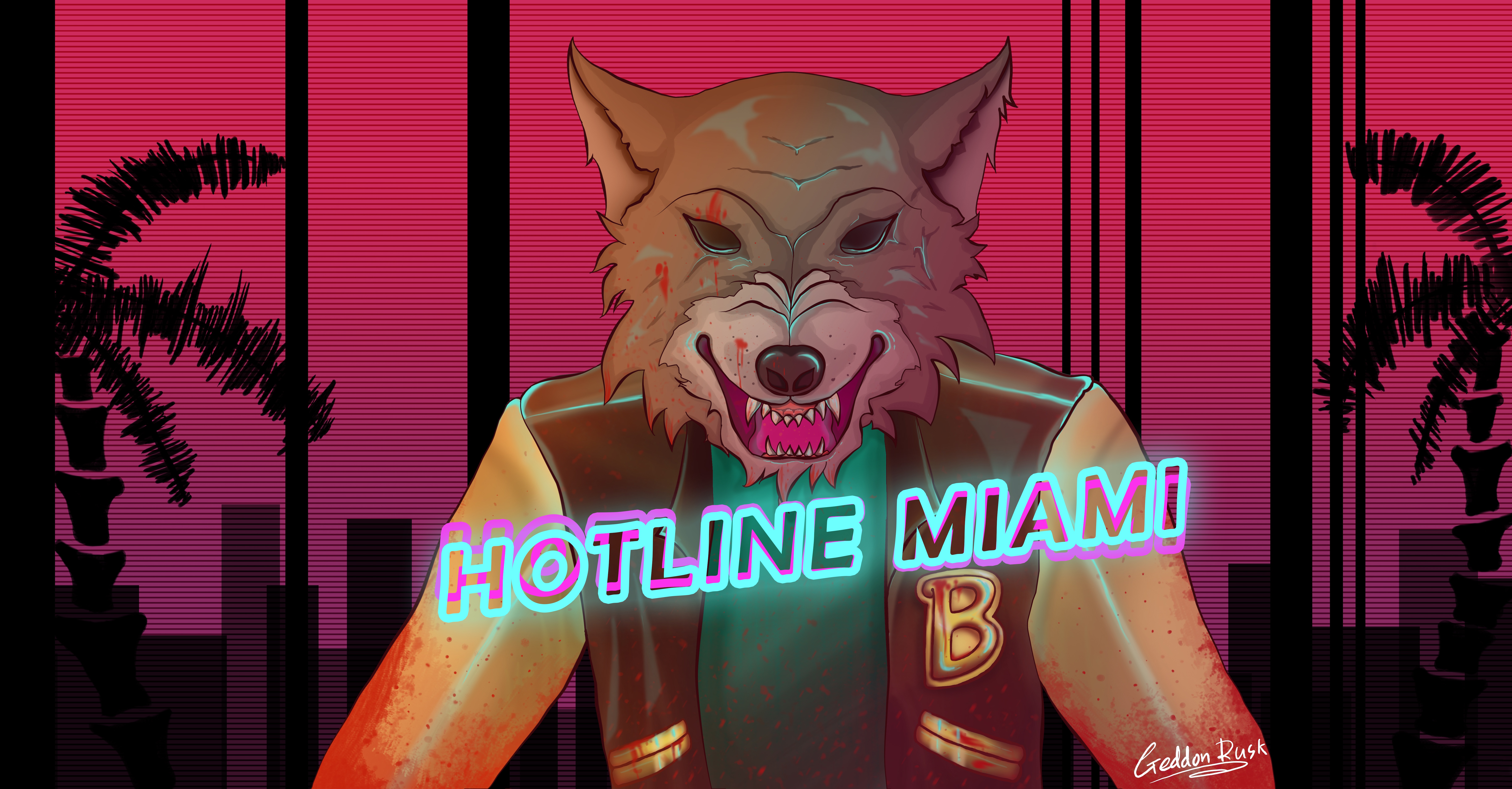 Скачать обои Игра, Волк, Art, Miami, Wolf, Hotline Miami, Darkwave, Dennis,  раздел игры в разрешении 7200x3759