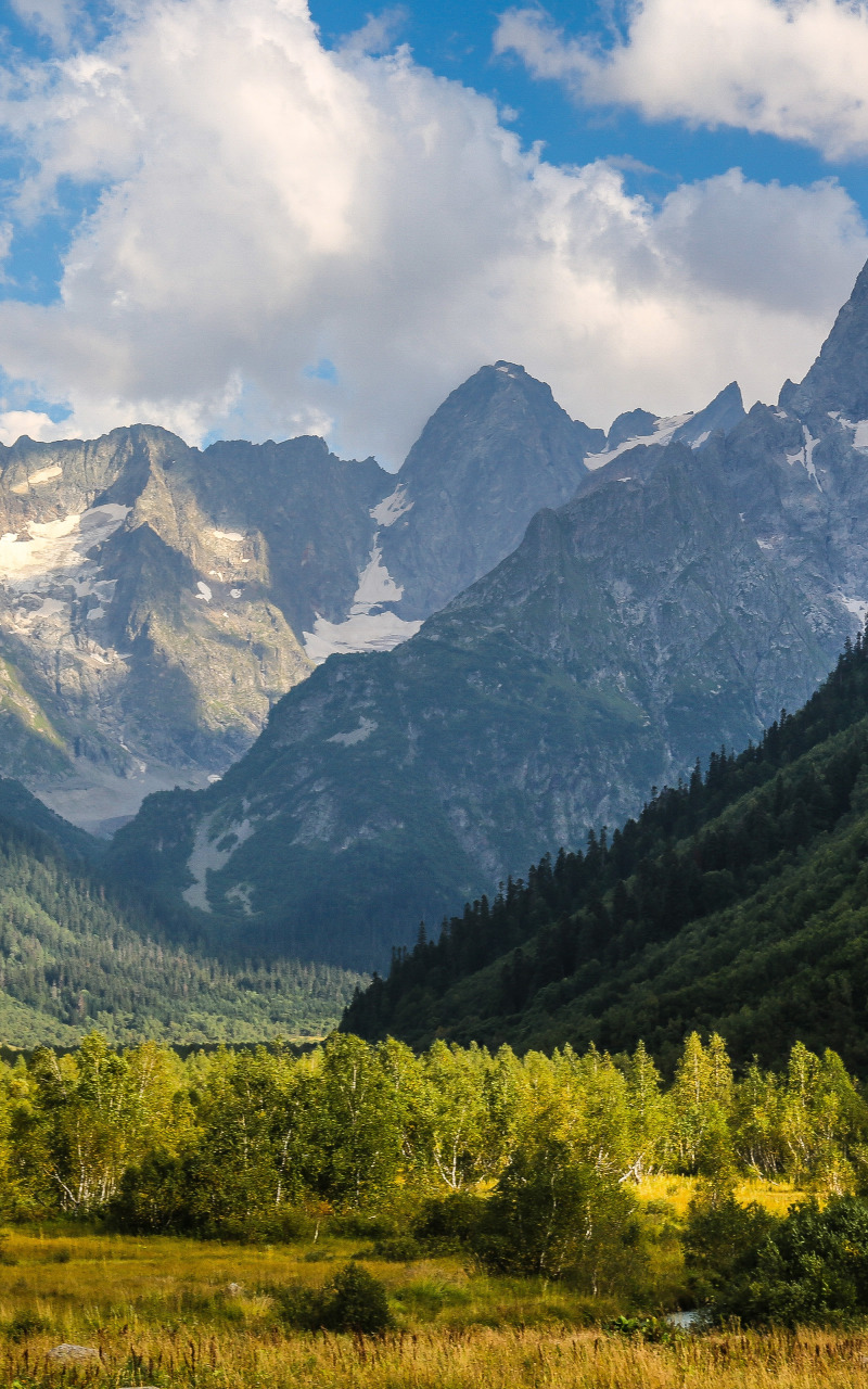 небо, облака, деревья, горы, природа, Северный Кавказ, Горные вершины, Гоначхир Чотча