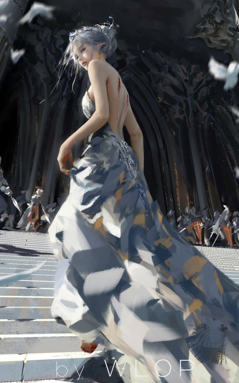 Скачать обои girl, fantasy, armor, long hair, dress, blue eyes, birds ...