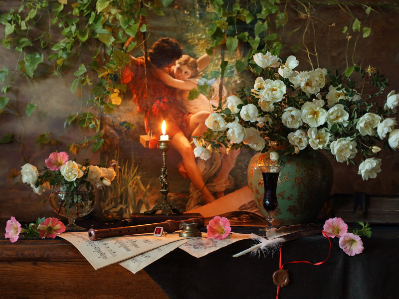 девушка, свет, цветы, вино, бокал, розы, букет, картина