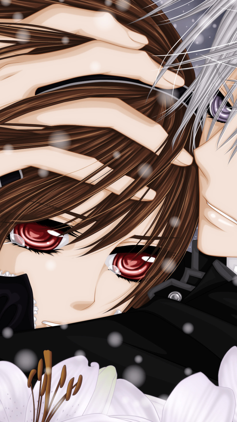 Скачать обои взгляд, снег, цветы, слезы, объятия, Vampire Knight, Yuki,  Zero, раздел прочее в разрешении 824x1464