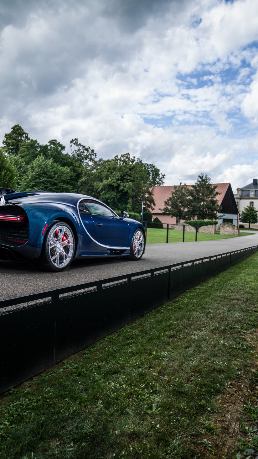 Скачать обои авто, небо, деревья, Bugatti, задок, гиперкар, Chiron, раздел  bugatti в разрешении 824x1464