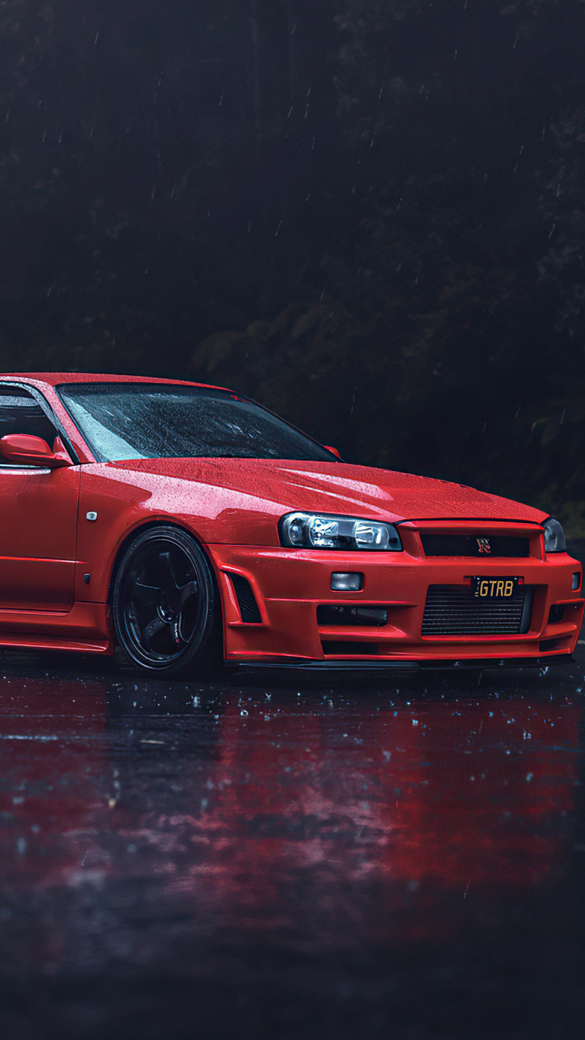 Скачать обои red, rain, skyline, r34, asphalt, nissan gtr, раздел nissan в  разрешении 824x1464