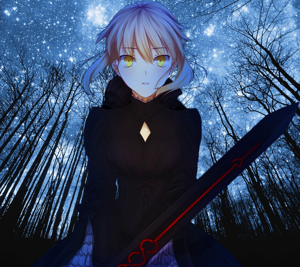 Скачать обои Girl, Anime, Fate/Stay Night, Night, Saber, Forest, Type-Moon,  Fate, раздел прочее в разрешении 960x854