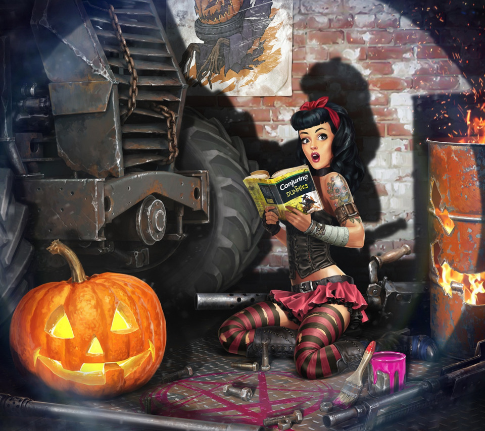 Скачать обои игра, ситуация, арт, тыква, хэллоуин, Crossout, Sergey  Kondratovich, Post Apocalyptic pin up HELLOWEEN, раздел игры в разрешении  960x854