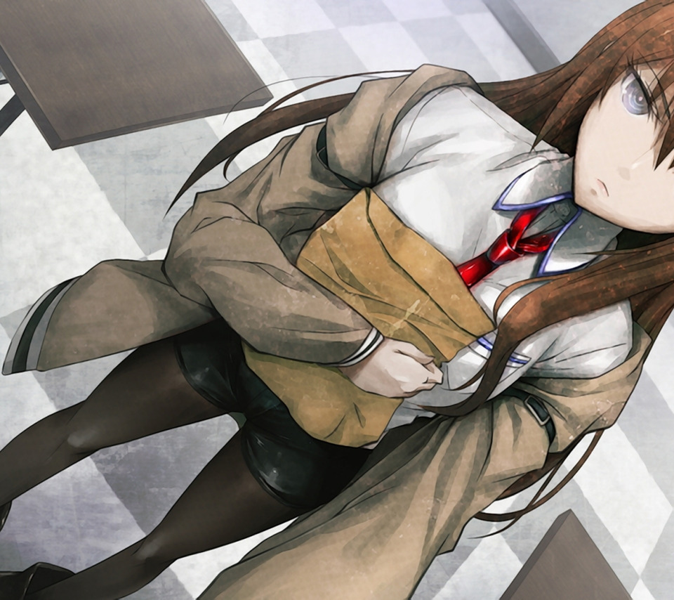 Скачать обои девушка, игра, аниме, галстук, колготки, конверт, makise  kurisu, Steins Gate, раздел прочее в разрешении 960x854