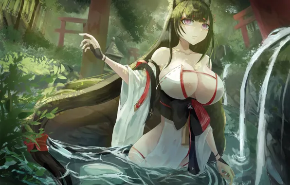 Girl, sexy, cleavage, long hair, nature, boobs, anime, beautiful