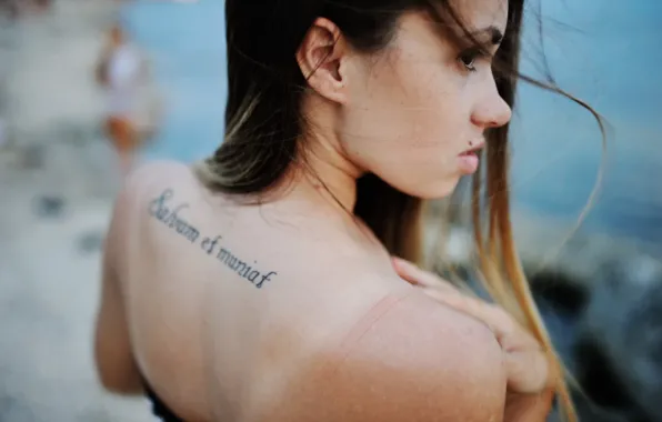 Model, brunette, back, tatto