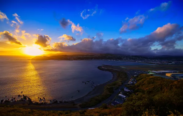 Картинка море, небо, солнце, облака, закат, побережье, Новая Зеландия, горизонт