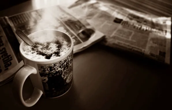 Фото, стол, сердце, кофе, сепия, чашка, газеты, пенка