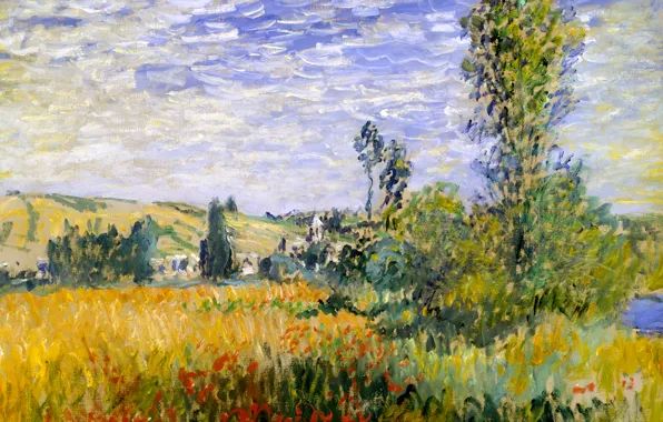 Картинка цветы, дерево, картина, Клод Моне, Пейзаж в Ветёй