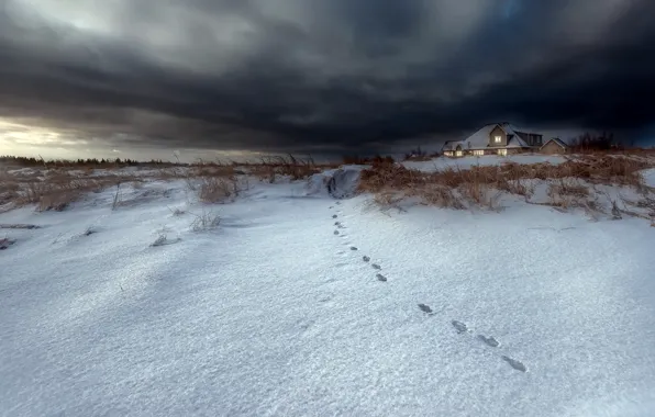 Картинка снег, ночь, следы, дома