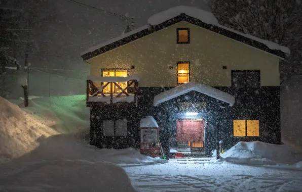 Зима, Вечер, Дом, House, Winter, Evening, Снегопад, Snowfall