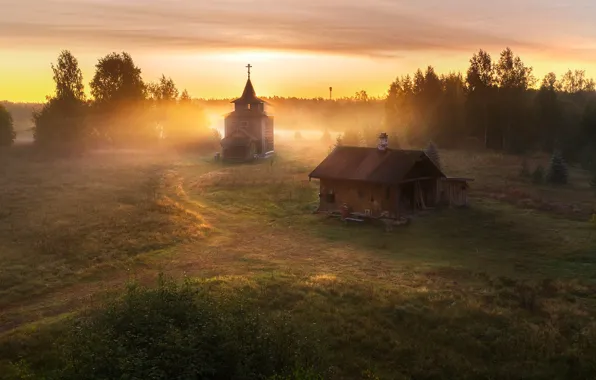 Картинка пейзаж, природа, туман, дом, утро, церковь, глубинка, Андрей Базанов